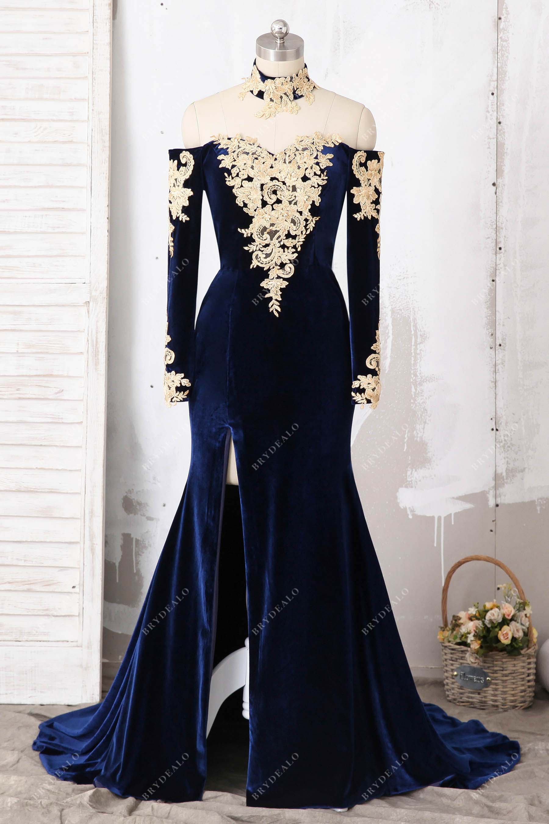 navy velvet gold lace choker mermaid slit prom dress