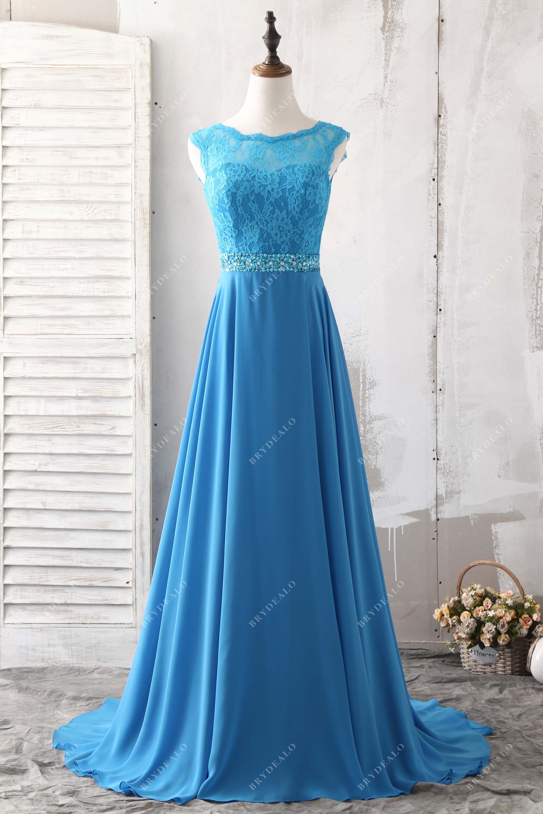 ocean blue lace chiffon V-back bridesmaid dress