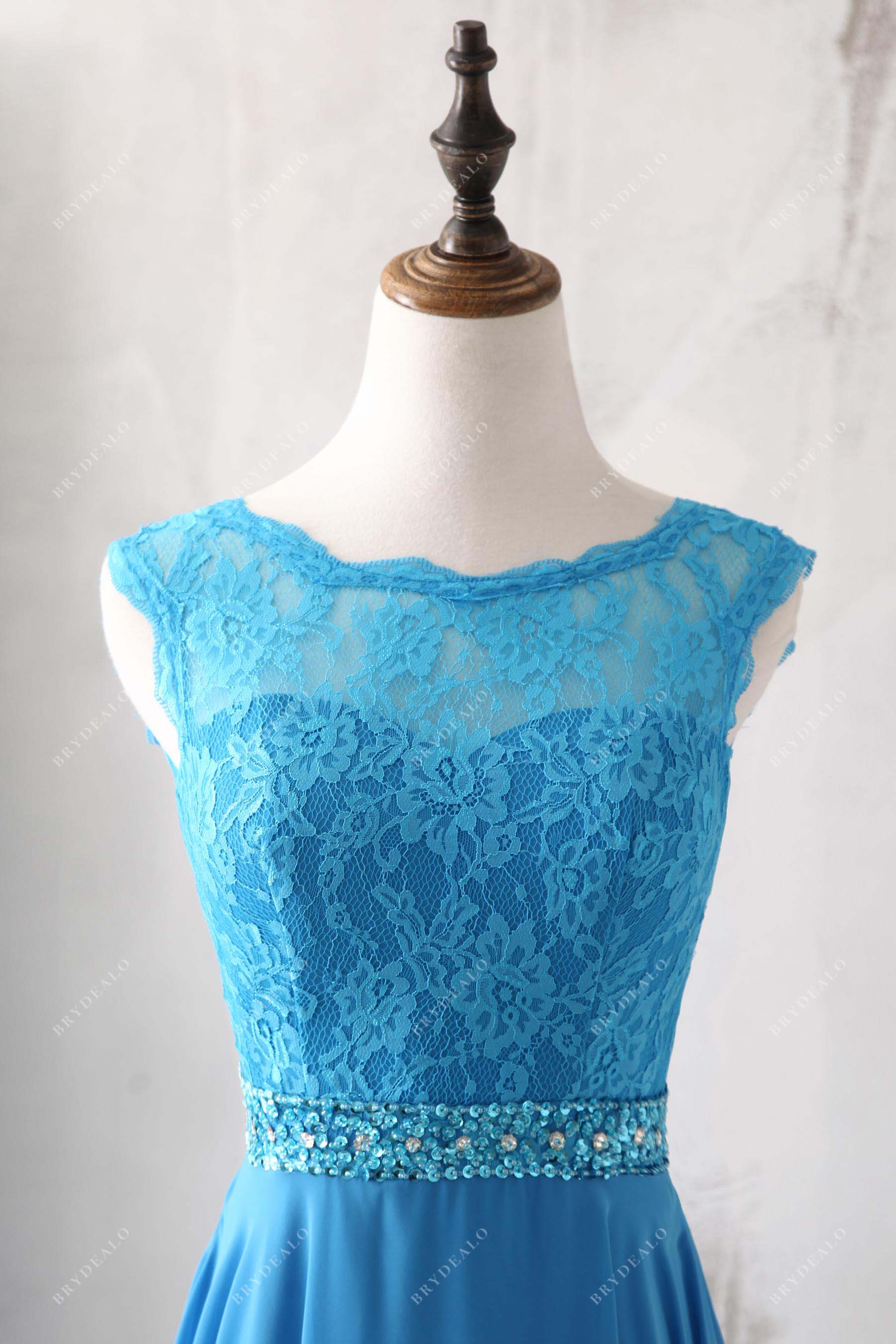 ocean blue lace illusion neck bridesmaid dress