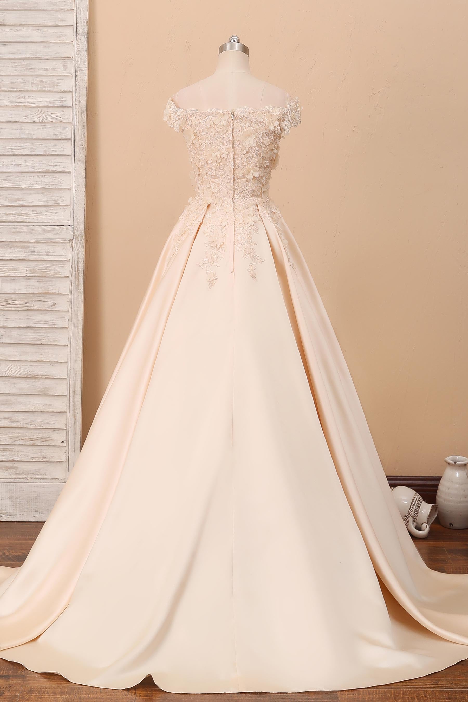 off-shoulder 3D lace champagne ball gown wedding dress
