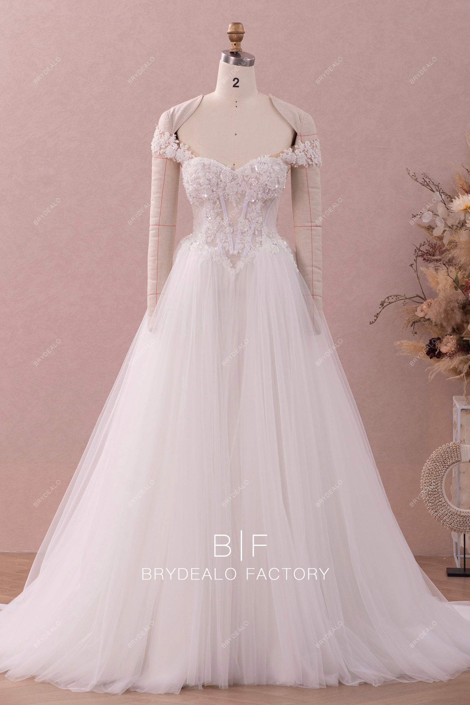 off shoulder beaded lace ballgown wedding dress