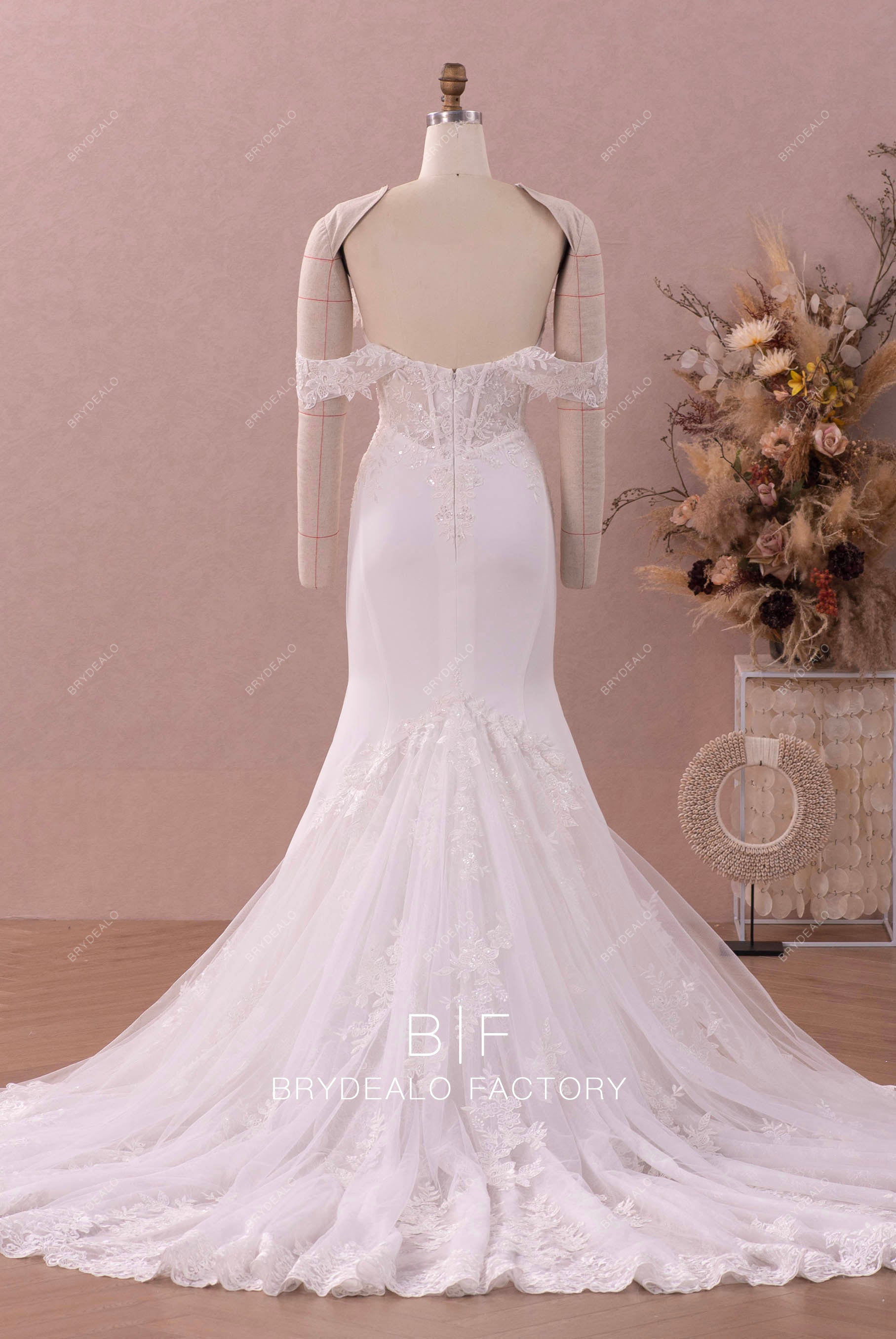 off shoulder beaded lace crepe bridal gown