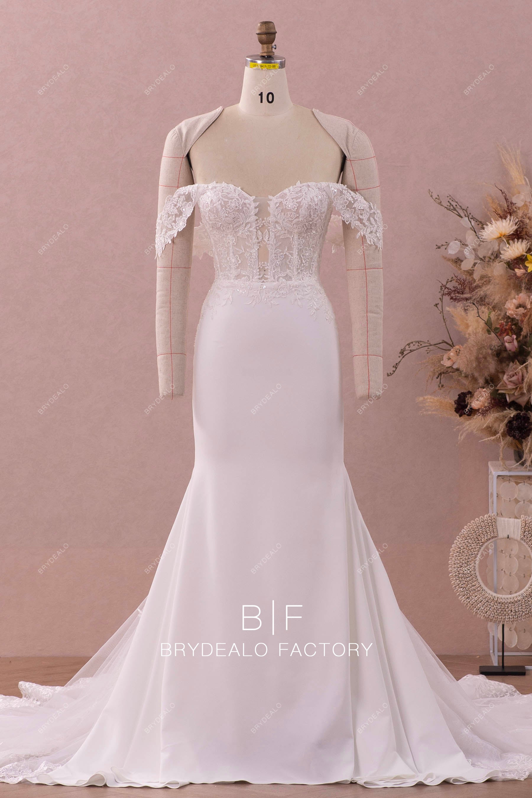 off shoulder beaded lace crepe wedding dress