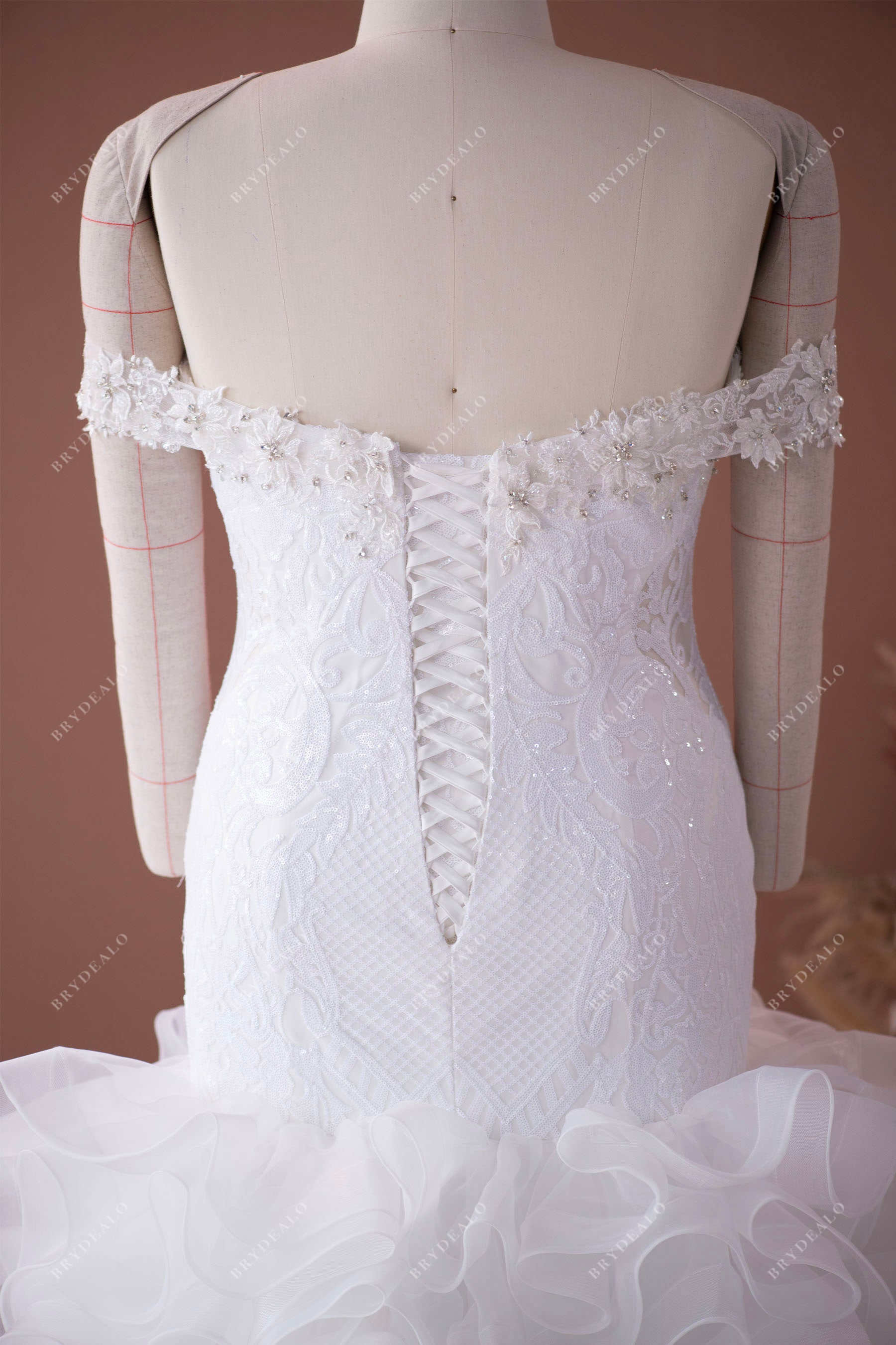 off shoulder beaded lace up wedding dress
