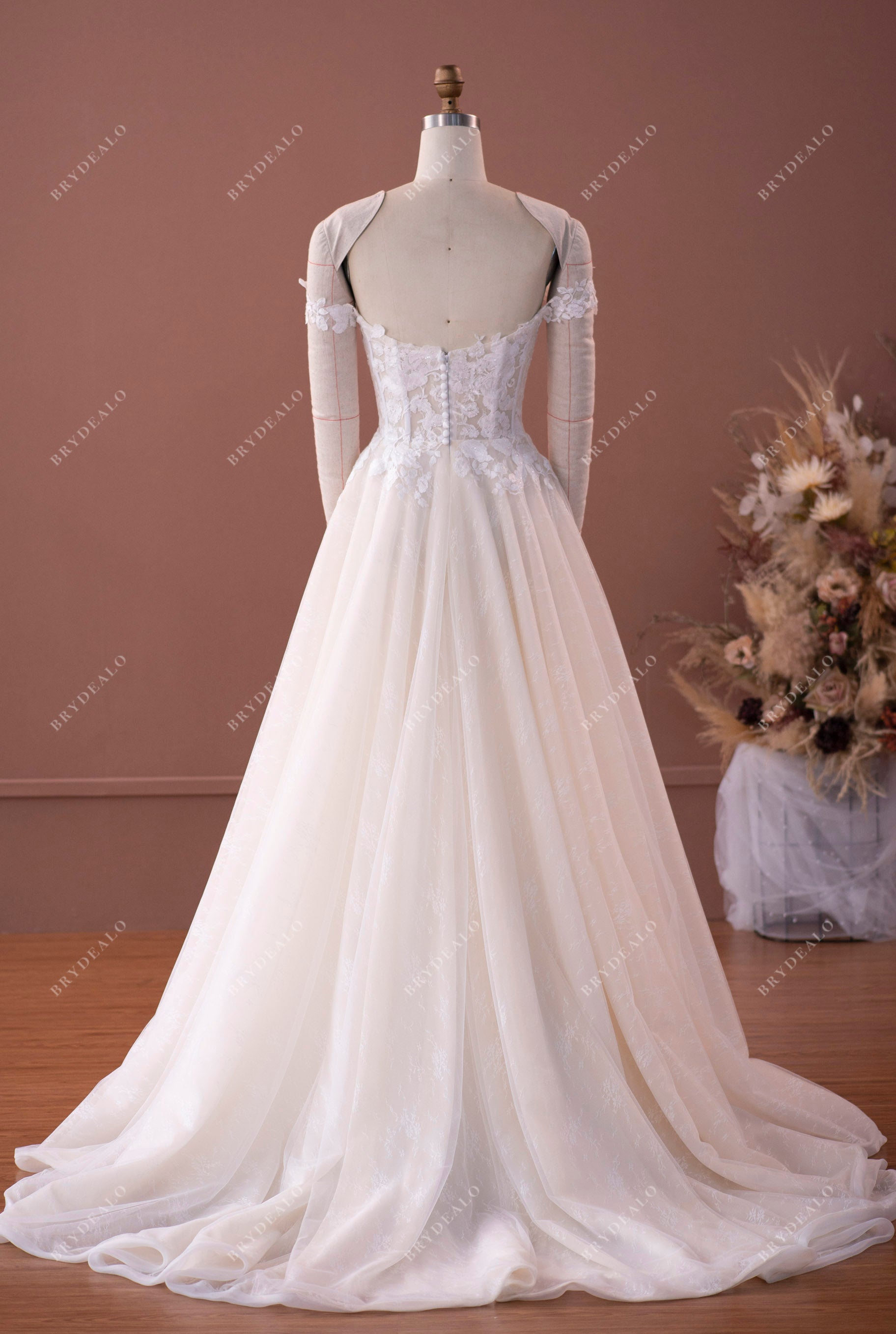 off shoulder boned lace bodice A-line long wedding dress