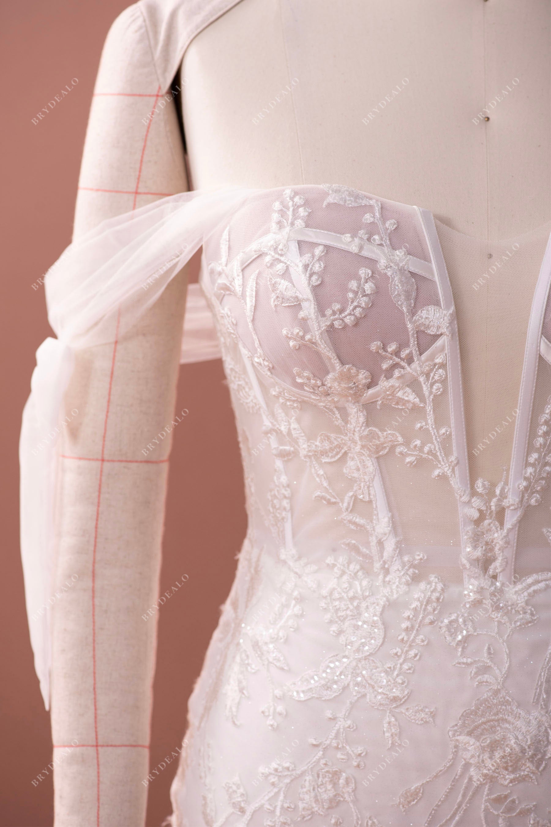 illusion corset exposed boning lace bridal gown