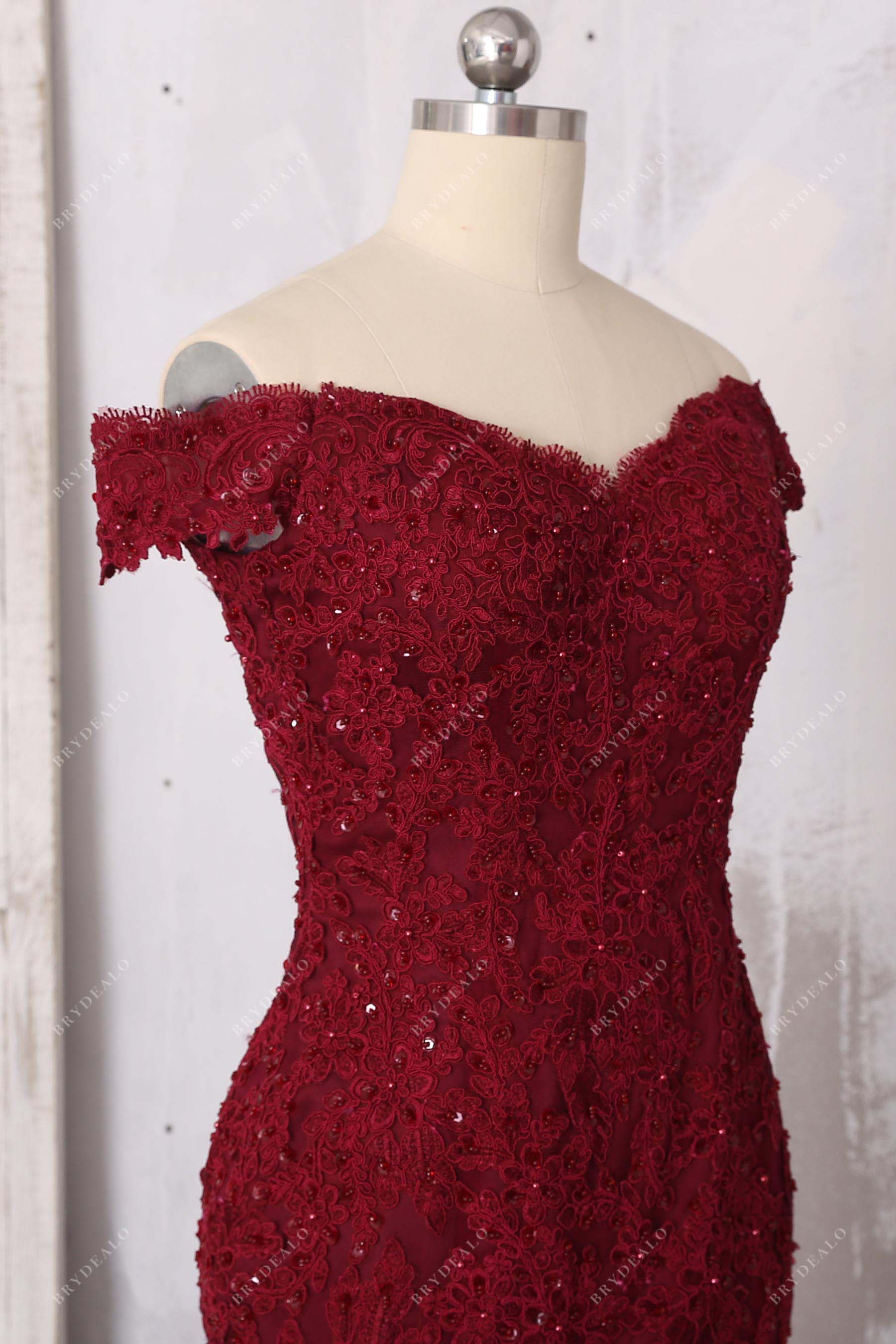 off-shoulder burgundy lace dress