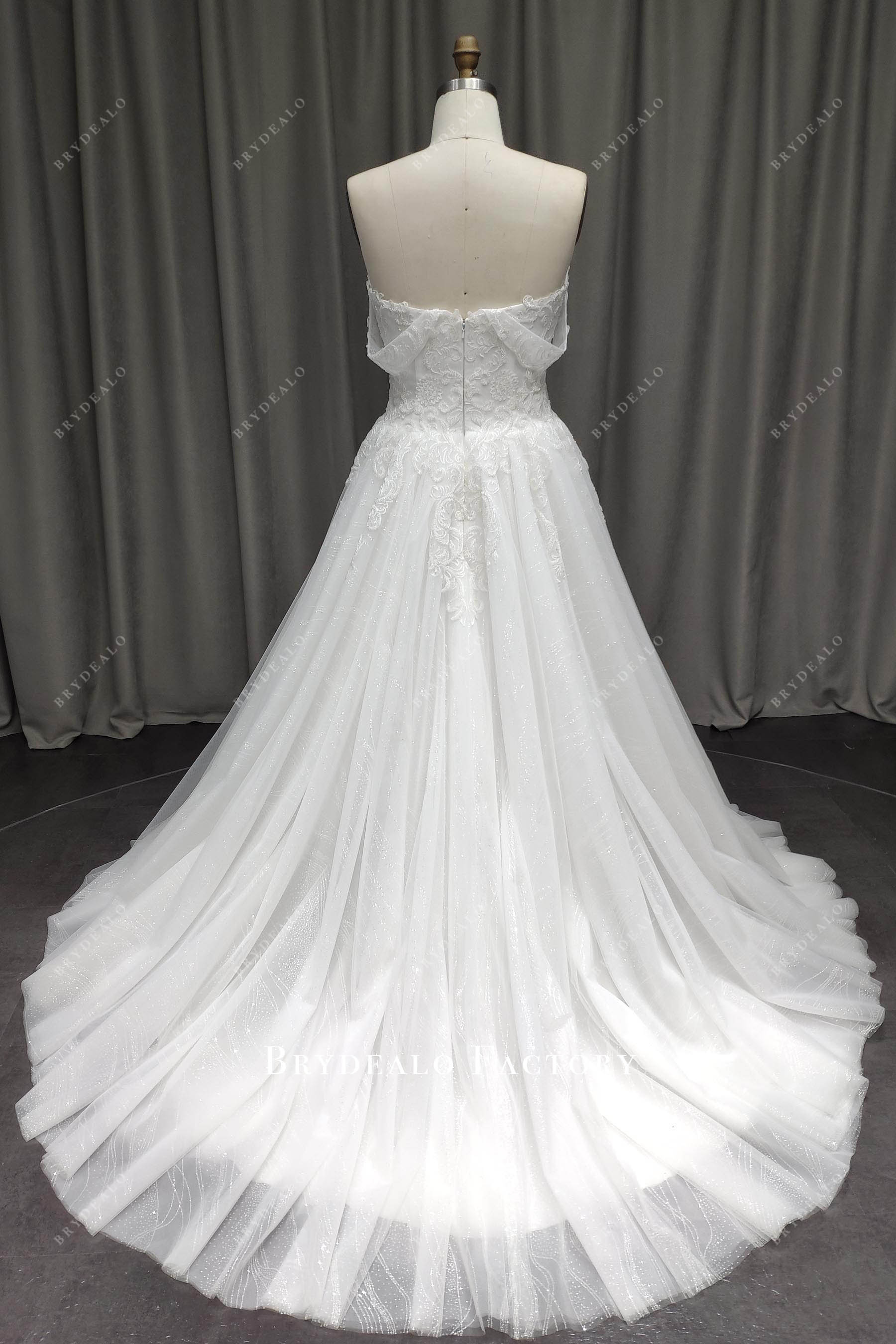 off shoulder chapel train wedding gown
