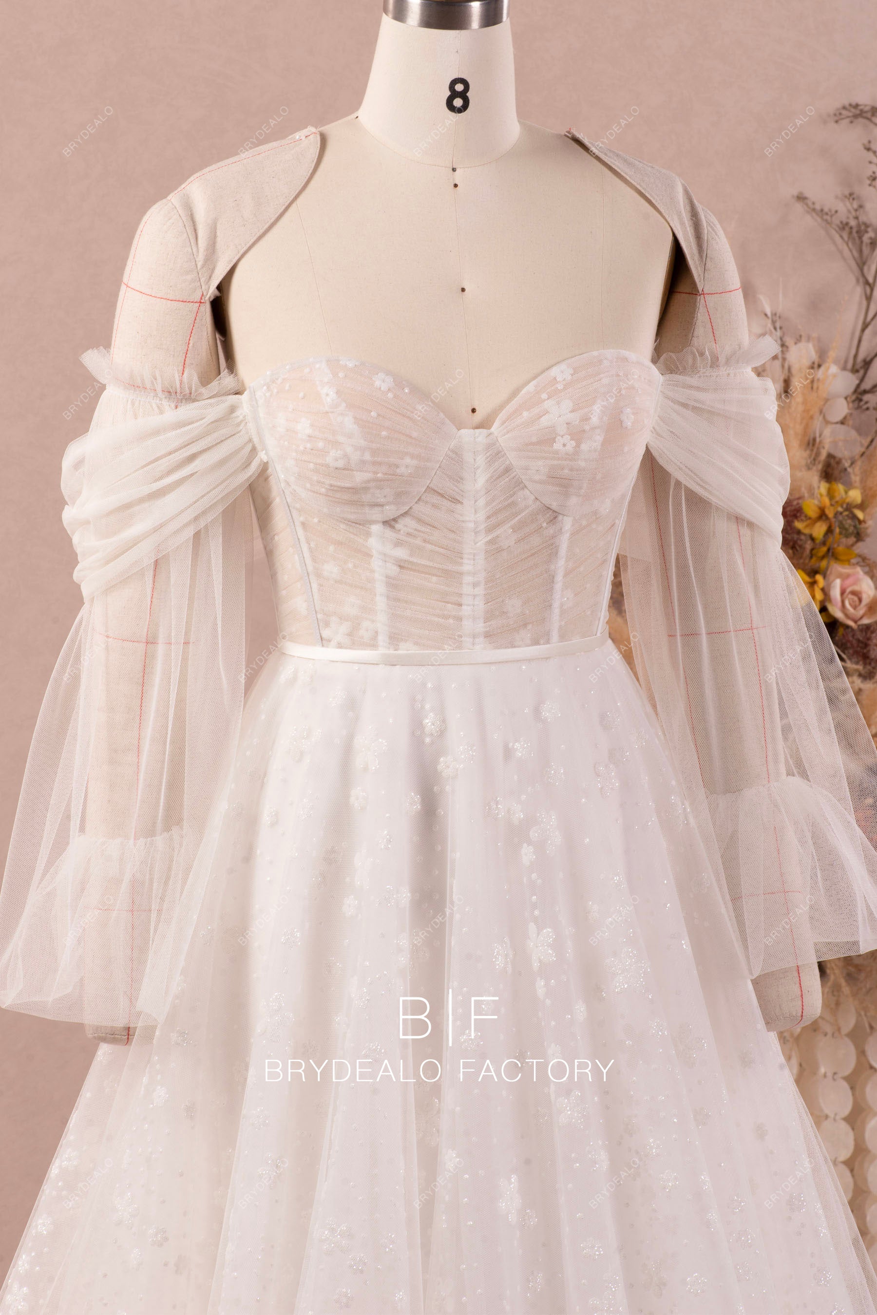 off shoulder detachable sleeve corset wedding dress