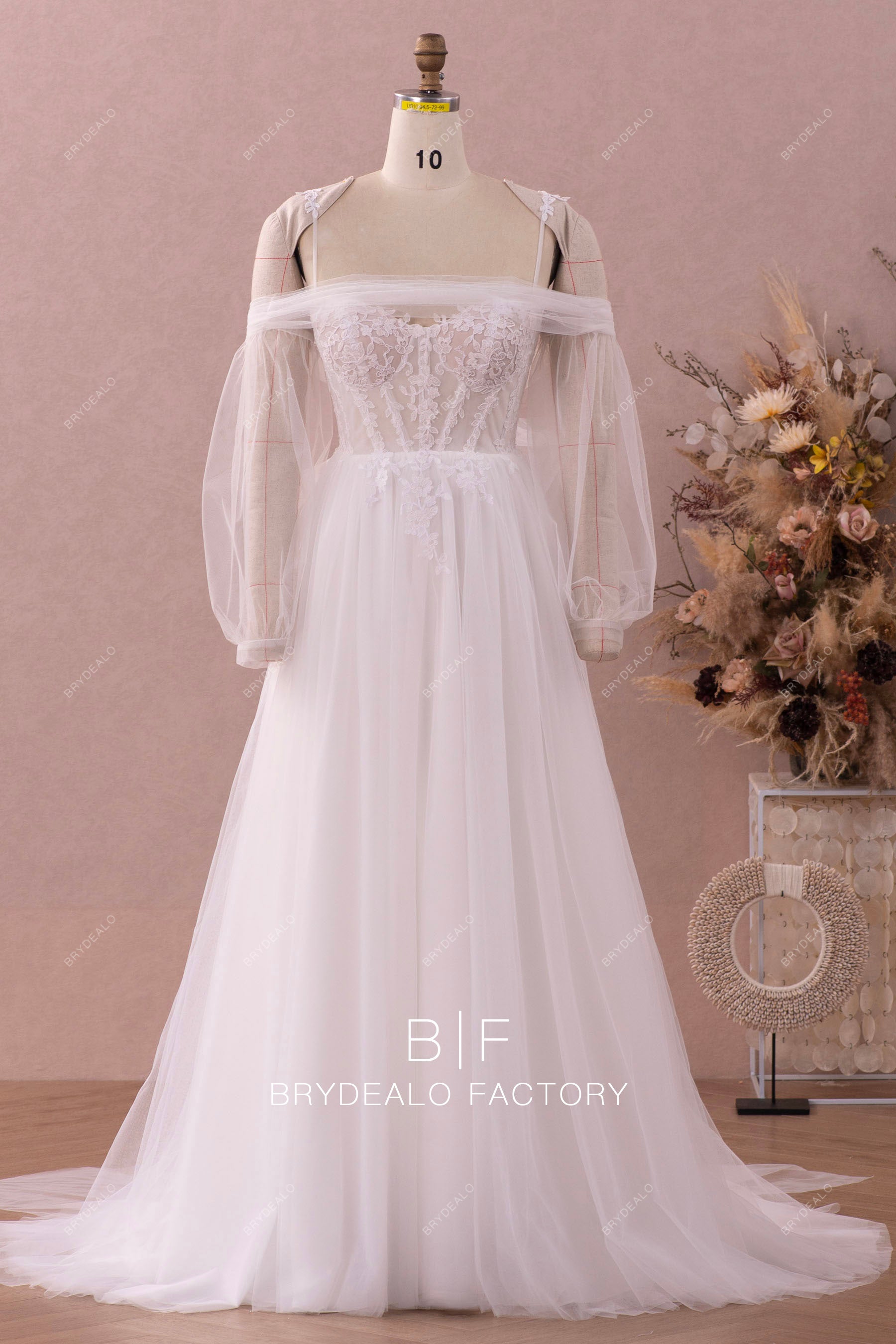 off shoulder detachable sleeves lace wedding dress