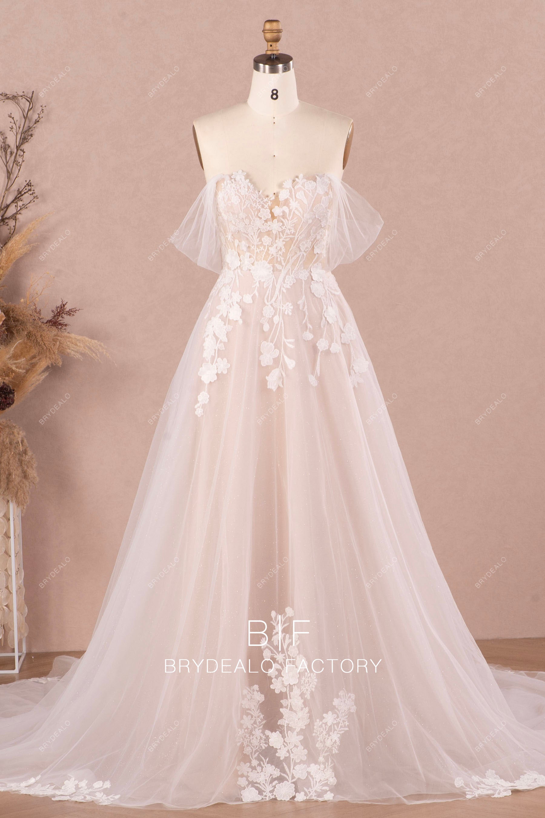 off shoulder flower lace tulle wedding dress