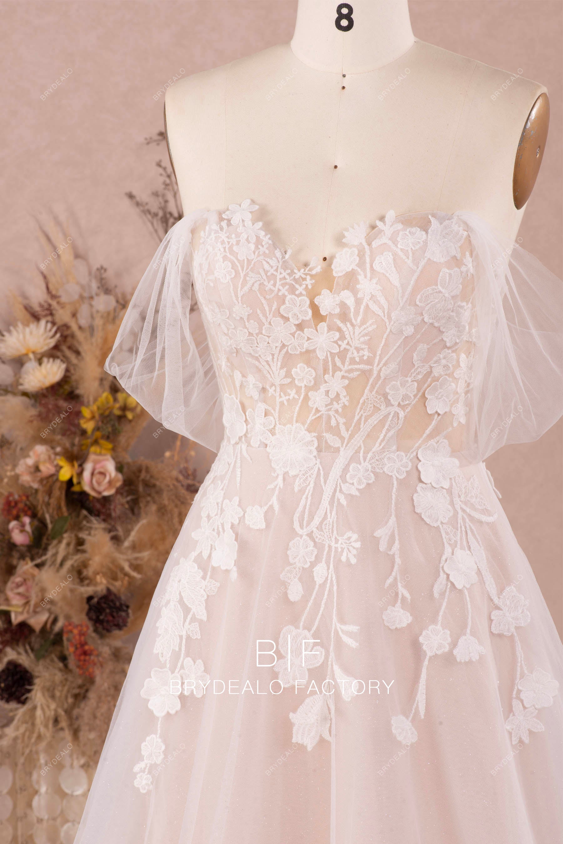 off shoulder flower lace wedding dress