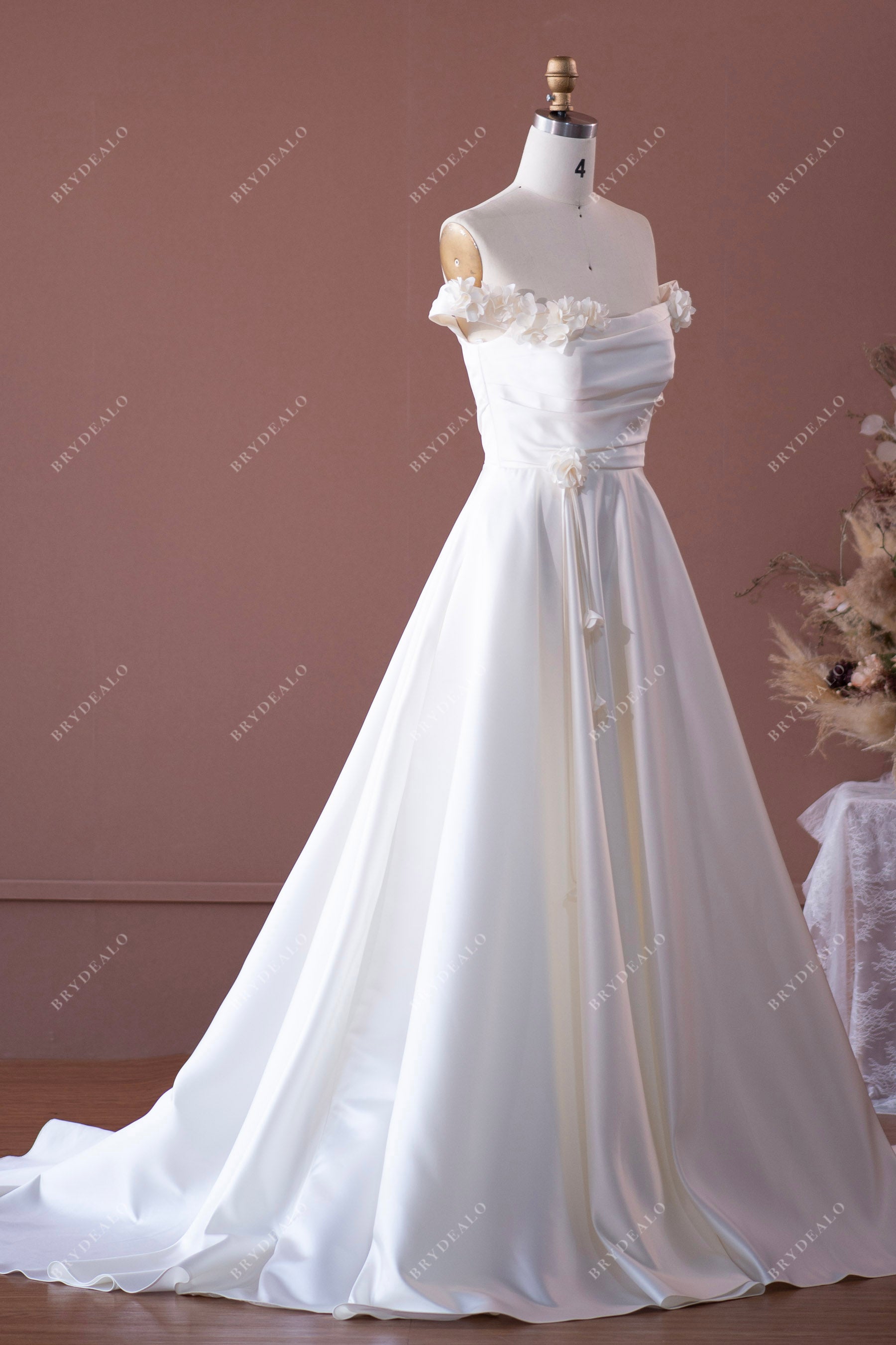 off-shoulder flower satin pleated A-line long bridal dress