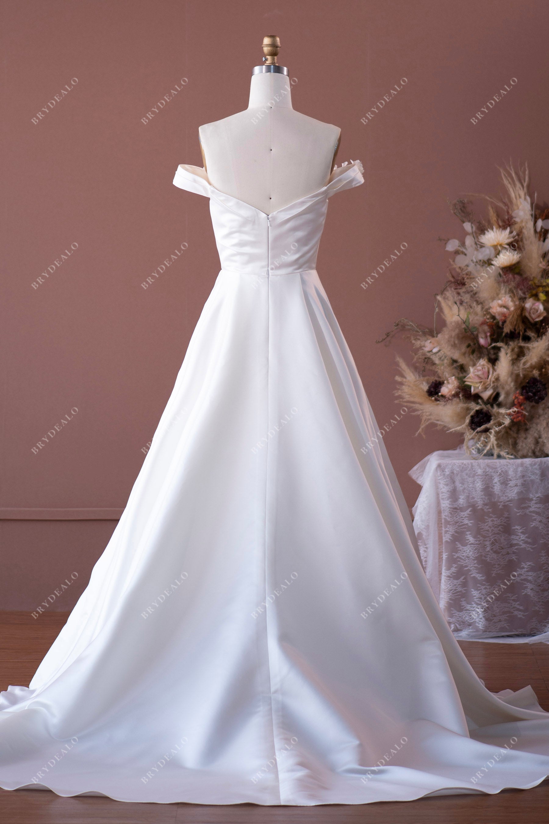 off-shoulder flower satin pleated A-line wedding gown