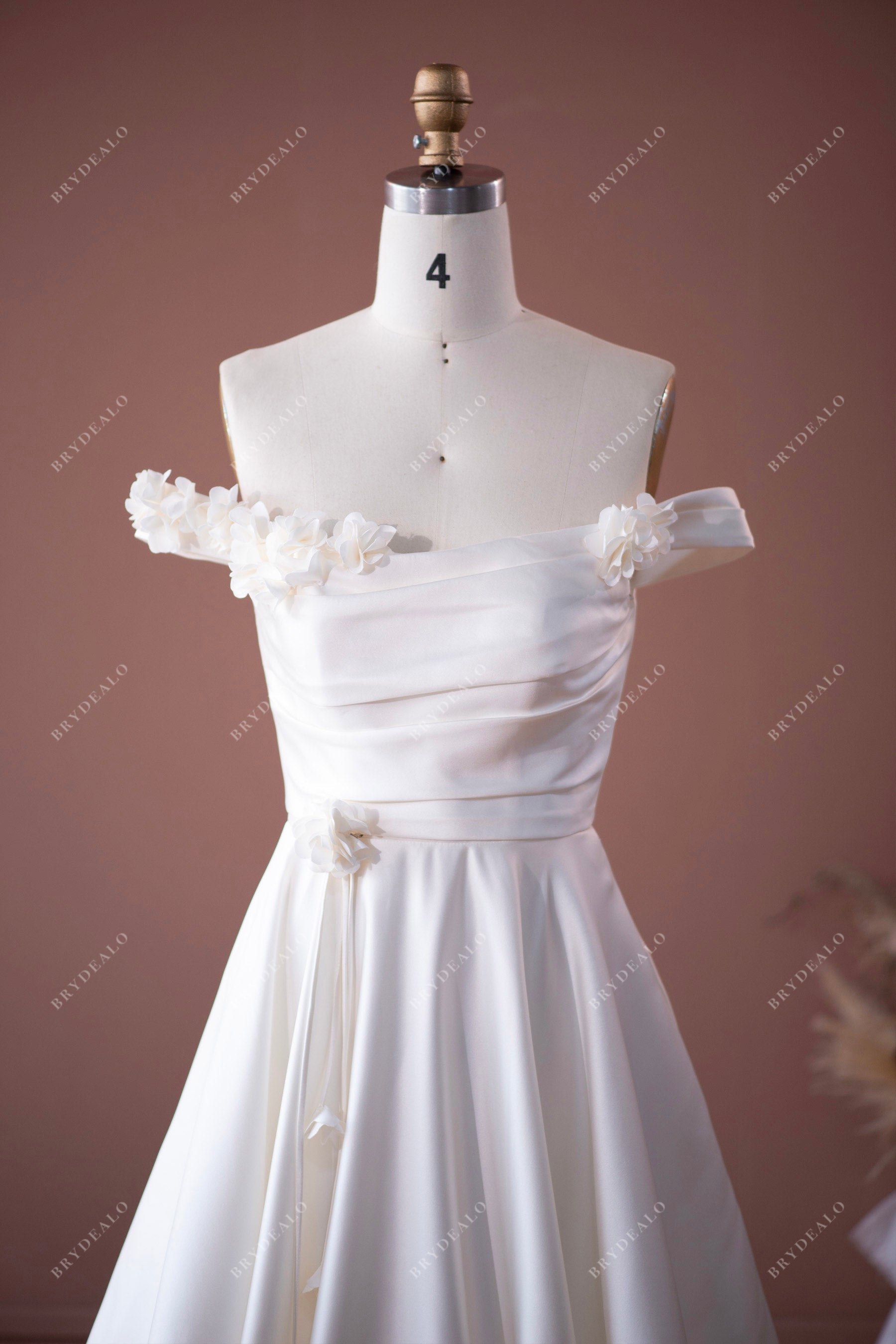 off-shoulder flower satin pleated wedding dress