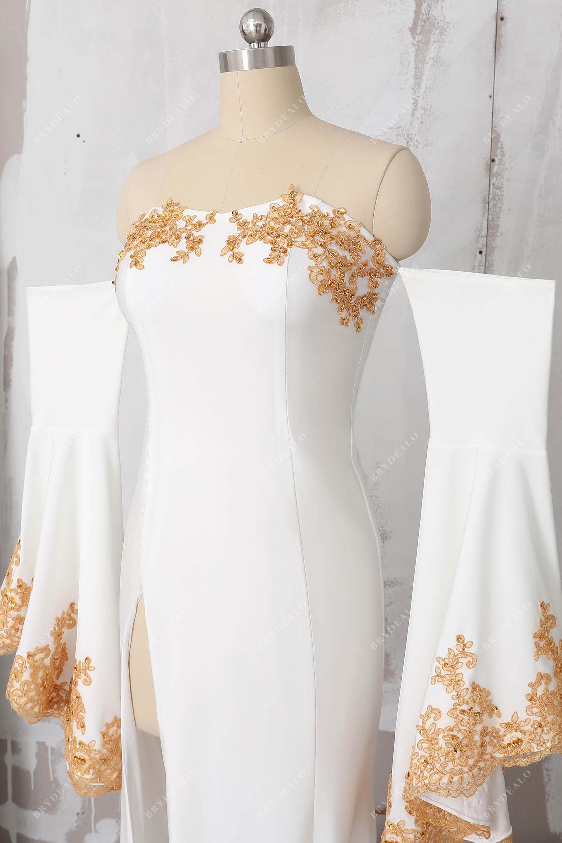 off-shoulder gold lace ivory jersey prom dress