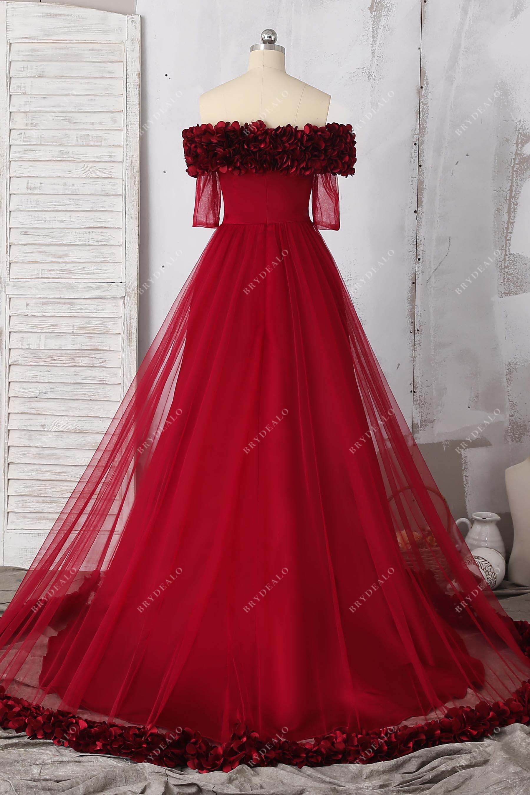 off-shoulder handmade 3D petals sweep floor prom dress