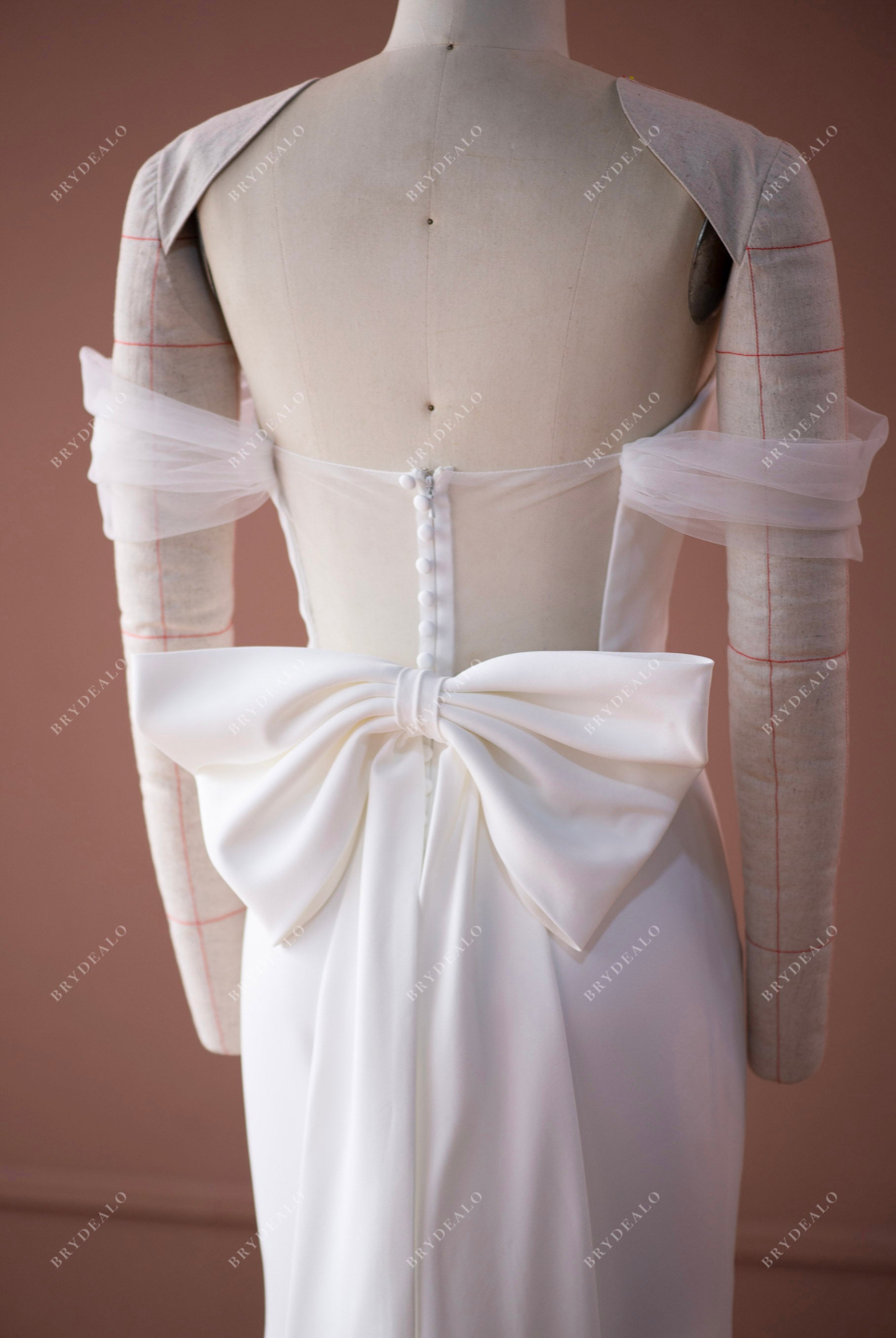 off-shoulder illusion back detachable bow wedding dress