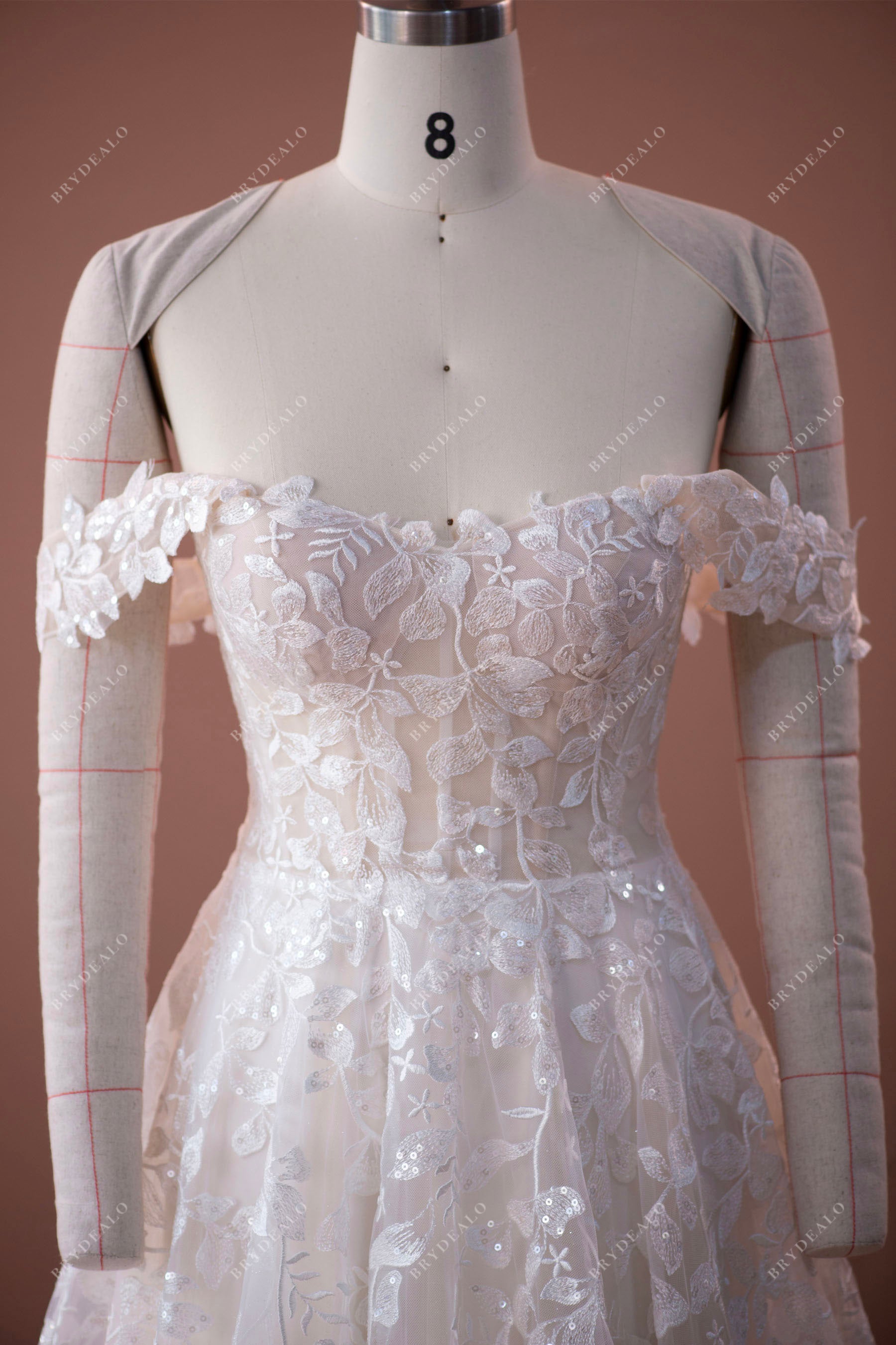 off shoulder illusion bodice wedding dress
