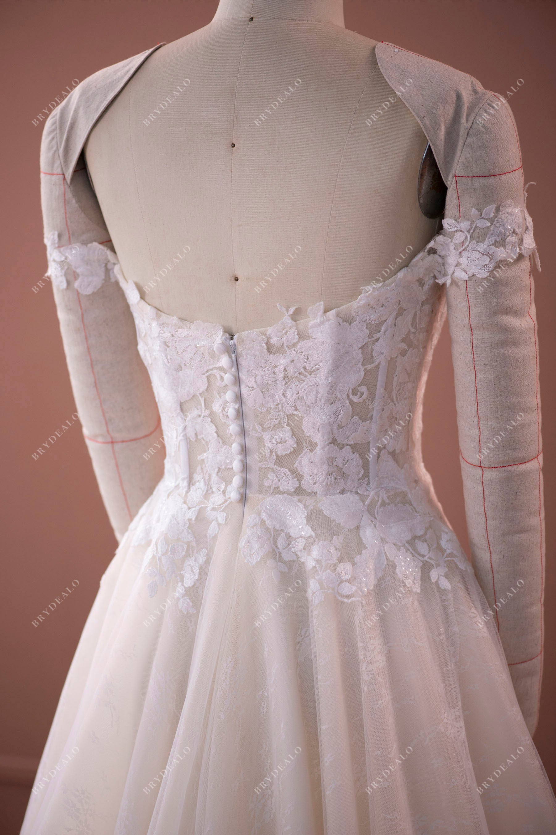 off shoulder illusion lace bodice A-line wedding dress