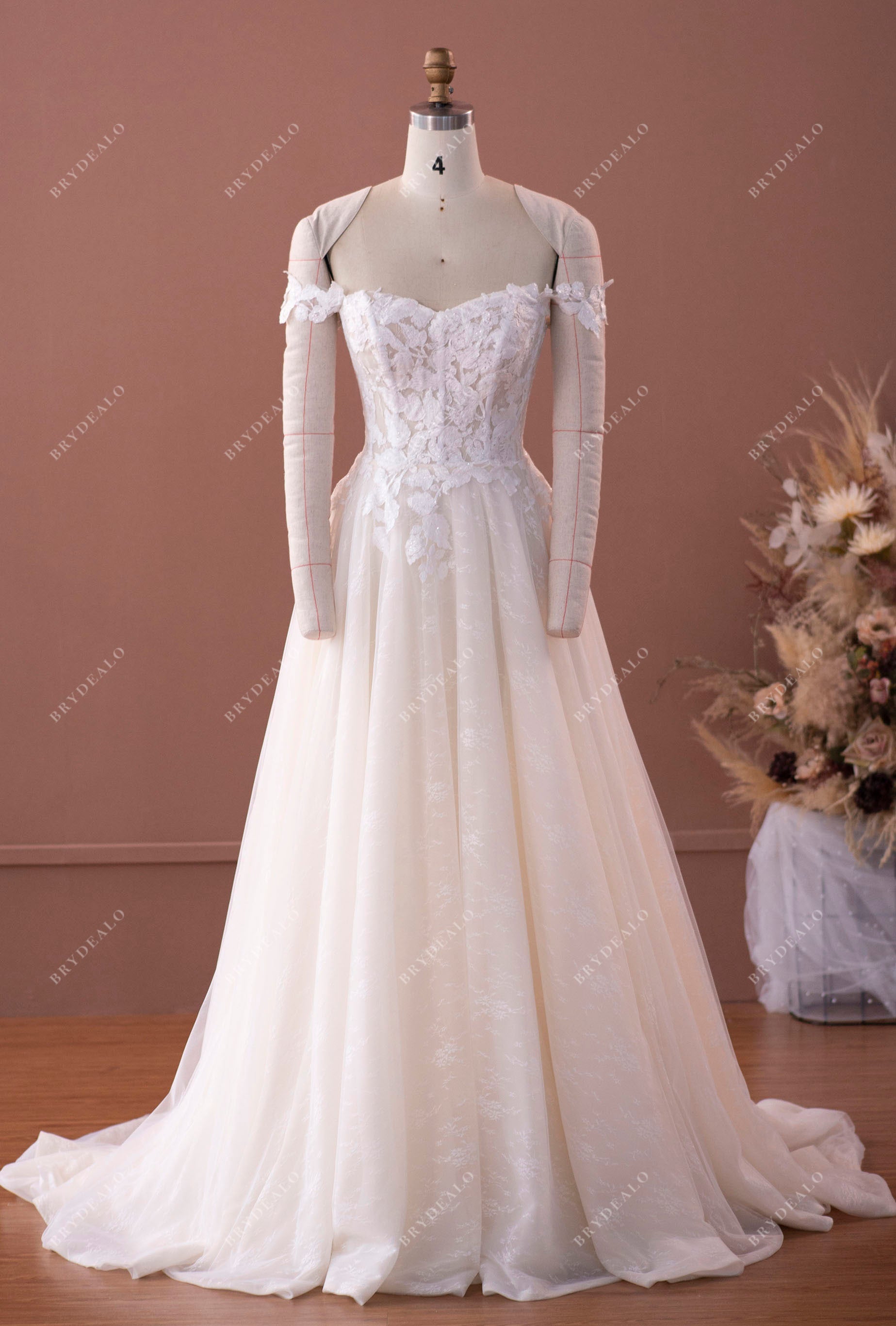 off shoulder illusion lace bodice A-line wedding dress