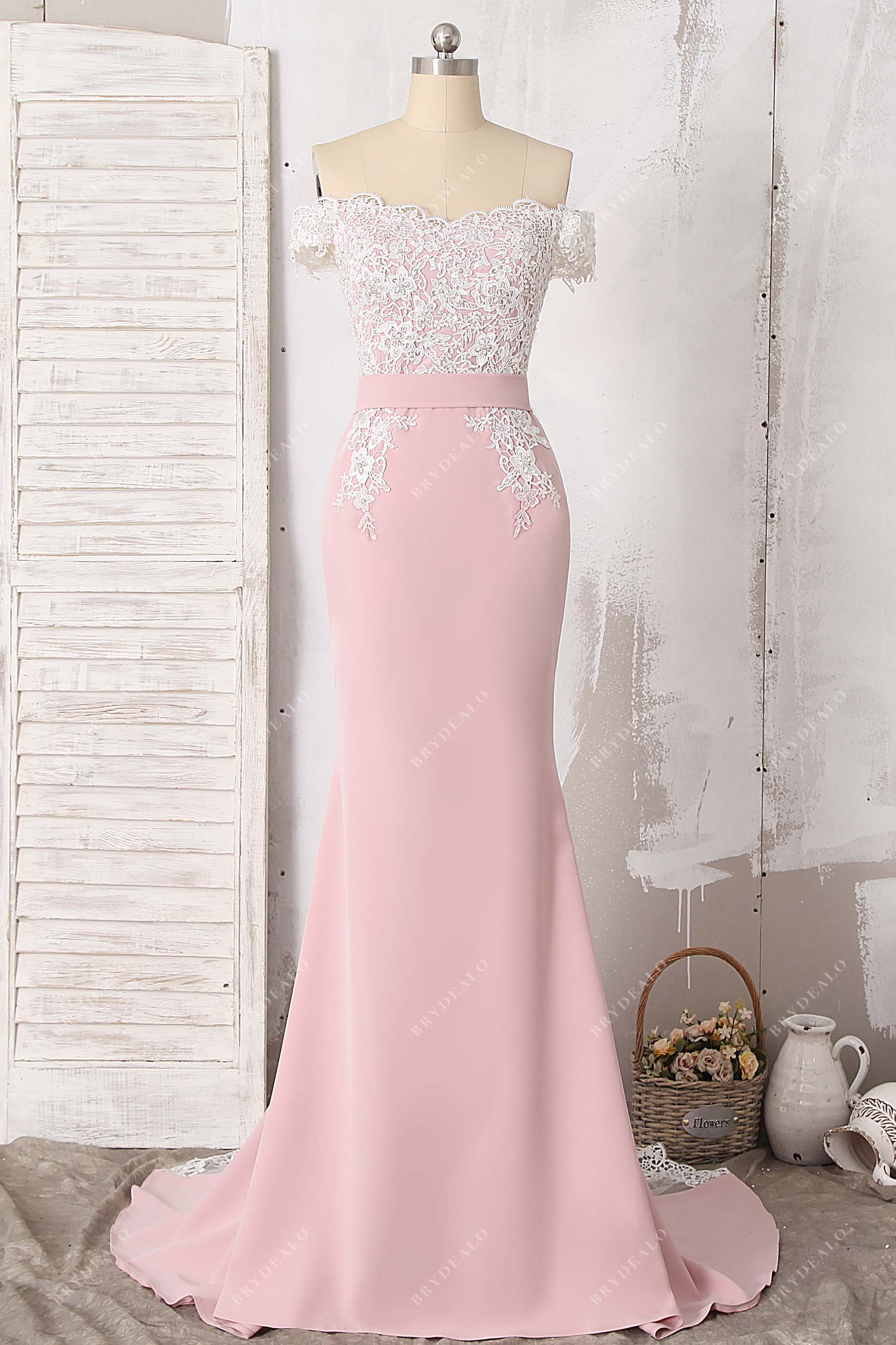 off-shoulder ivory lace pink matte mermaid prom gown