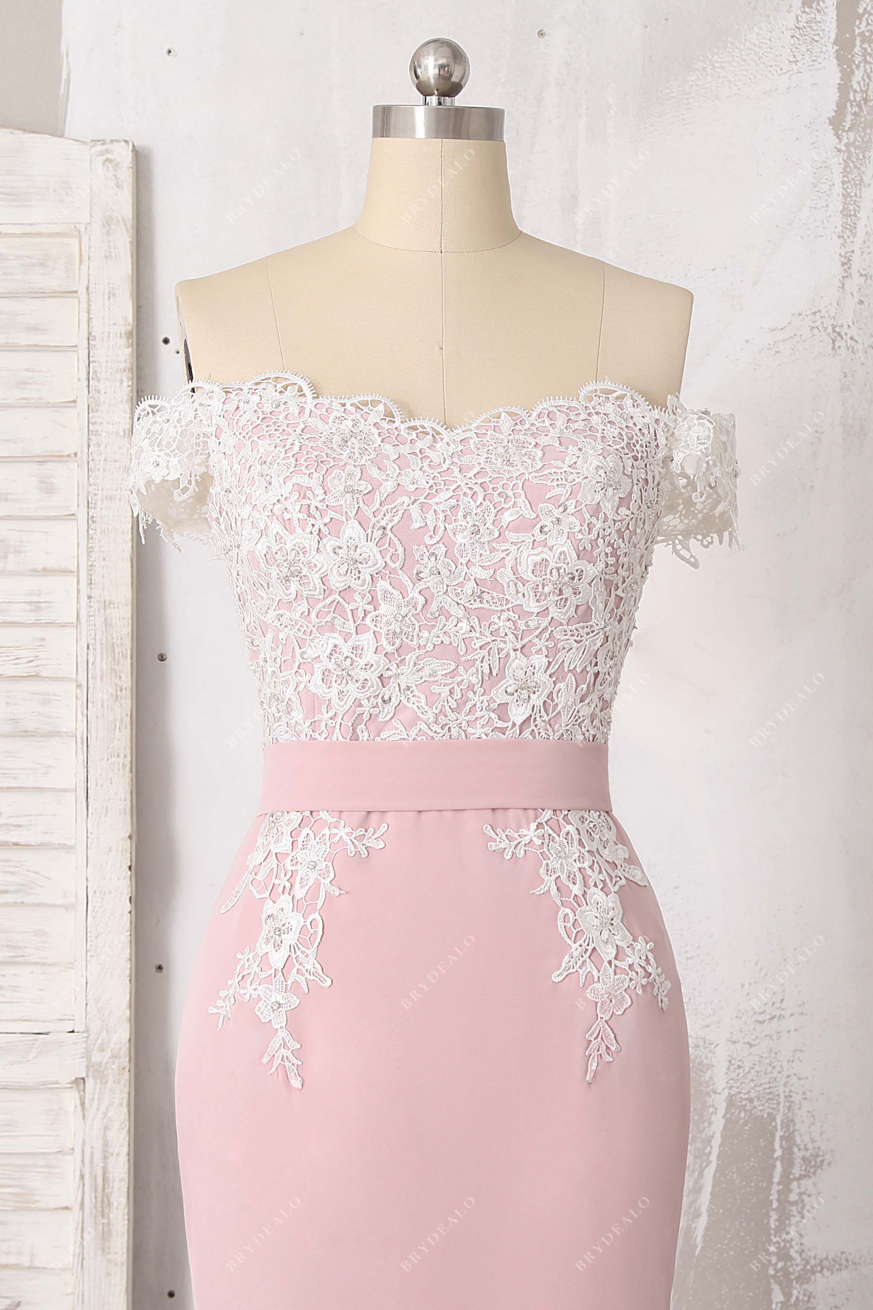 off-shoulder ivory scalloped lace prom gown