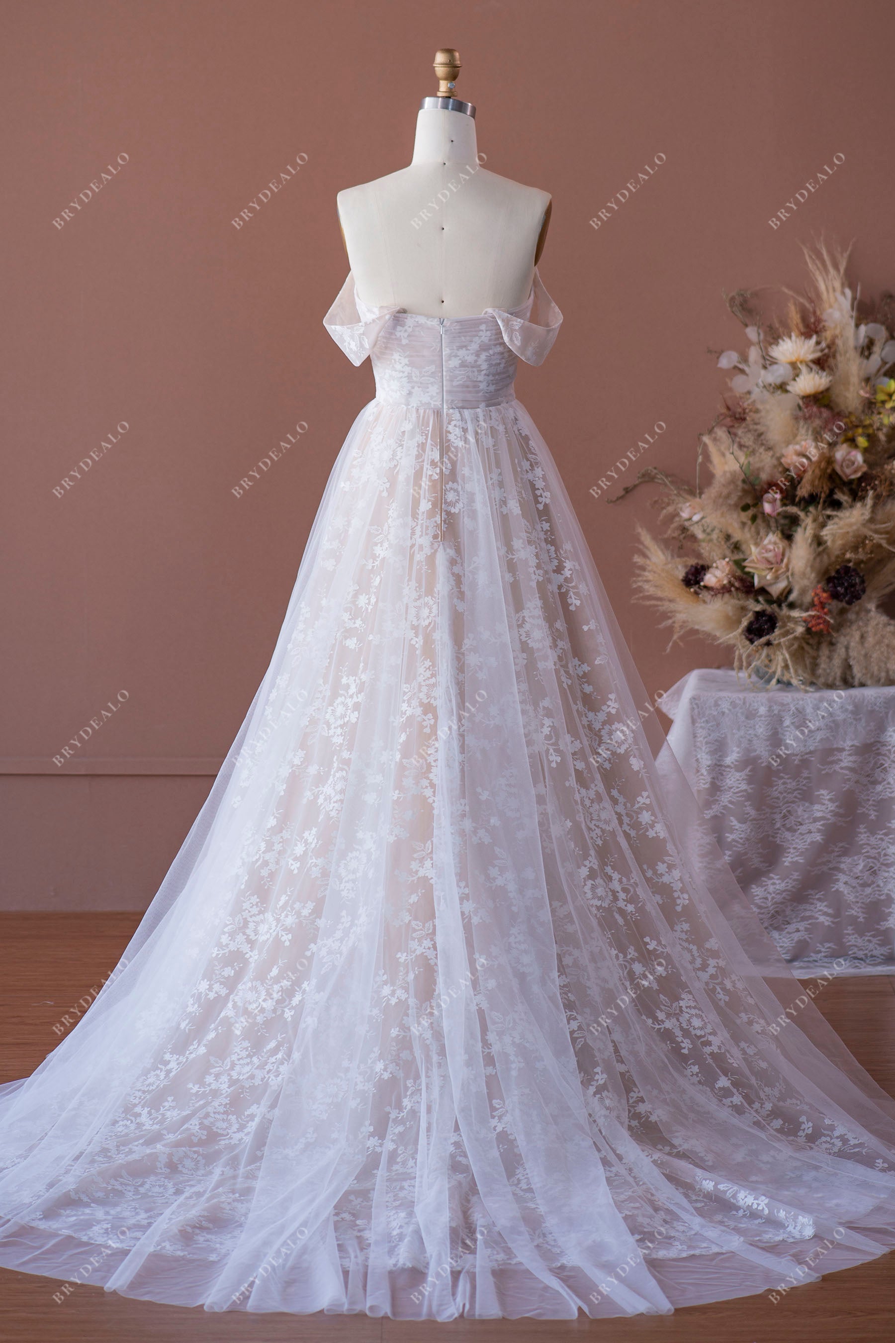 off-shoulder lace A-line tulle bridal dress