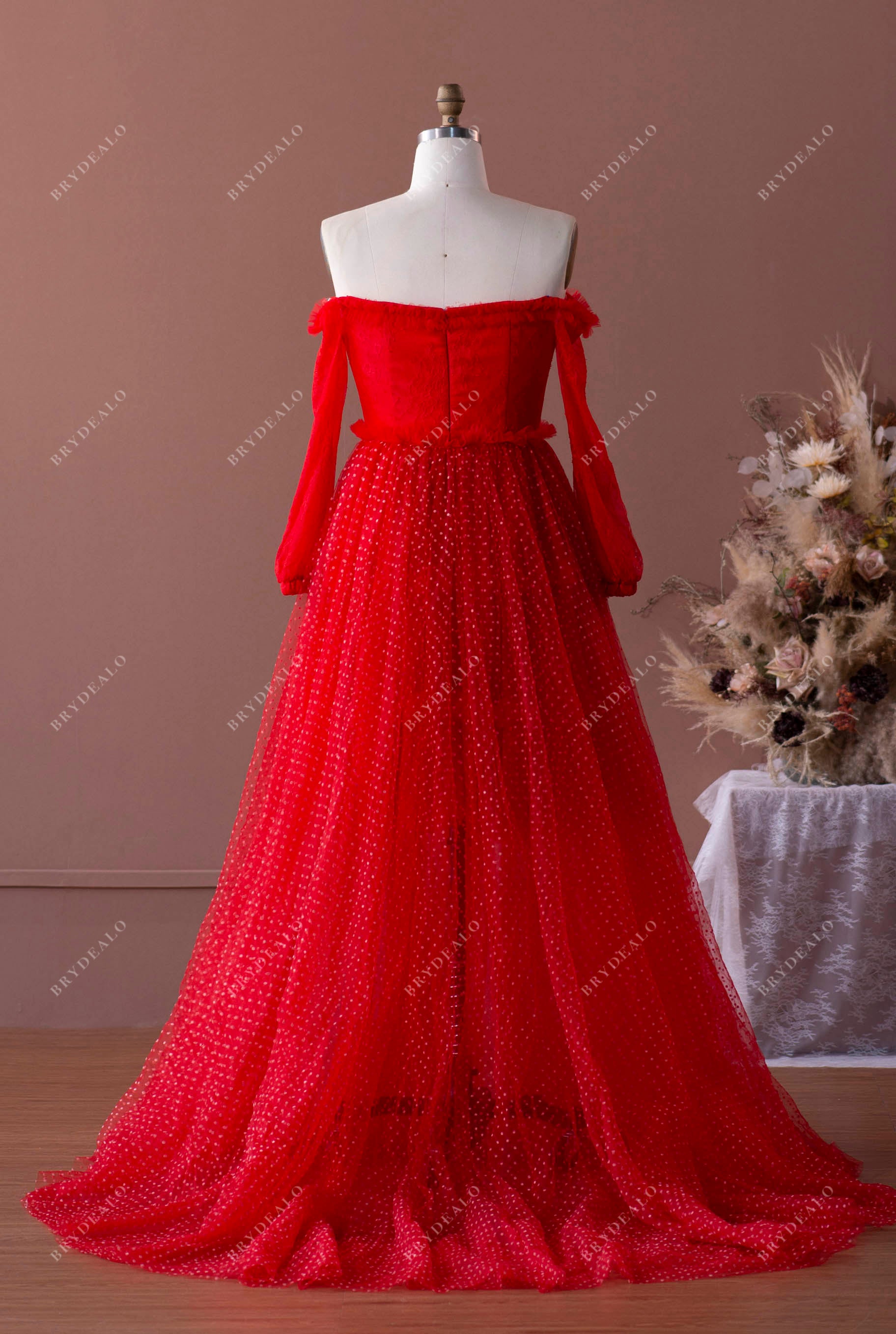 off-shoulder lace tulle formal dress with long overskirt