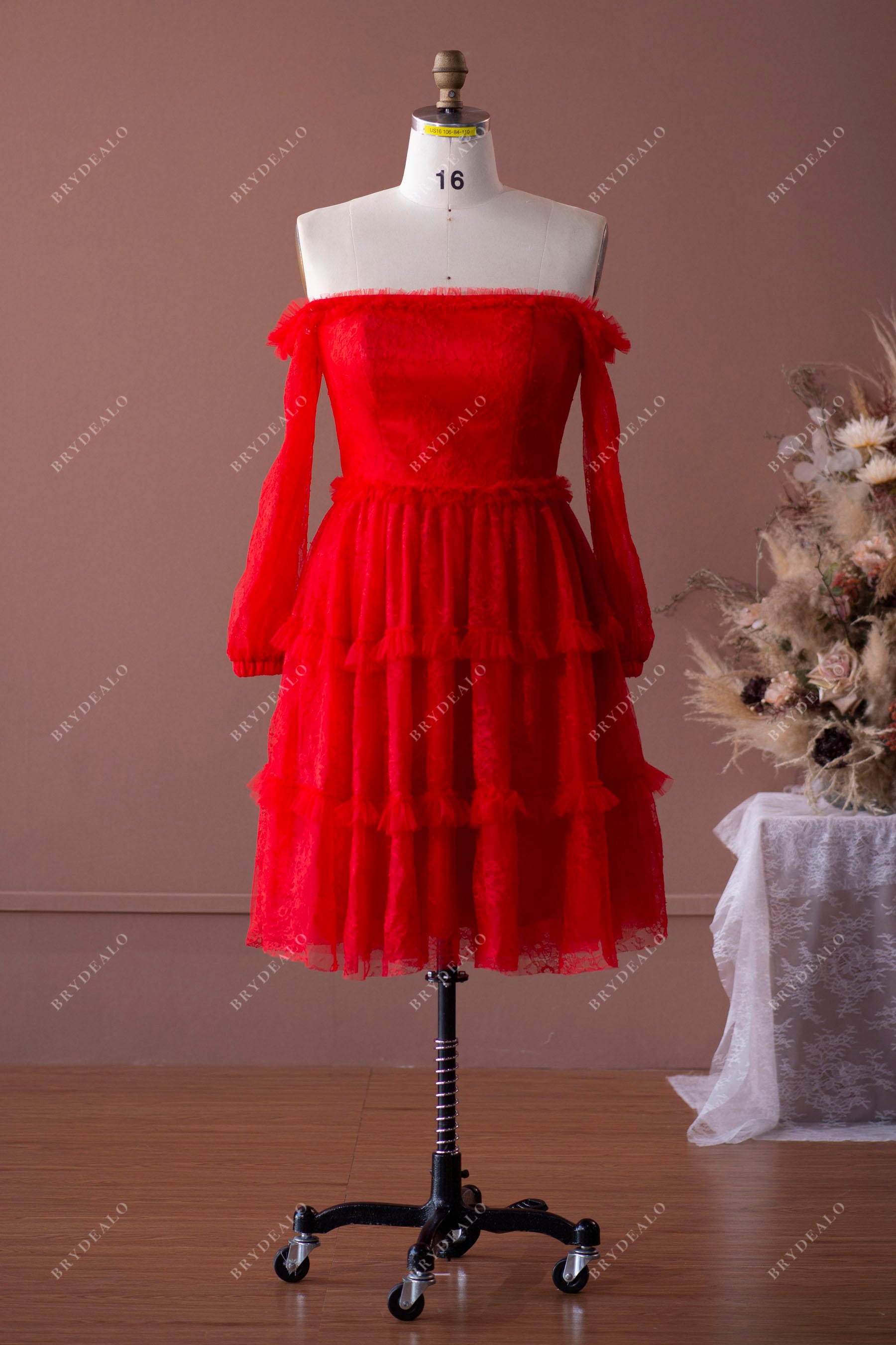 off-shoulder lace tulle formal dress