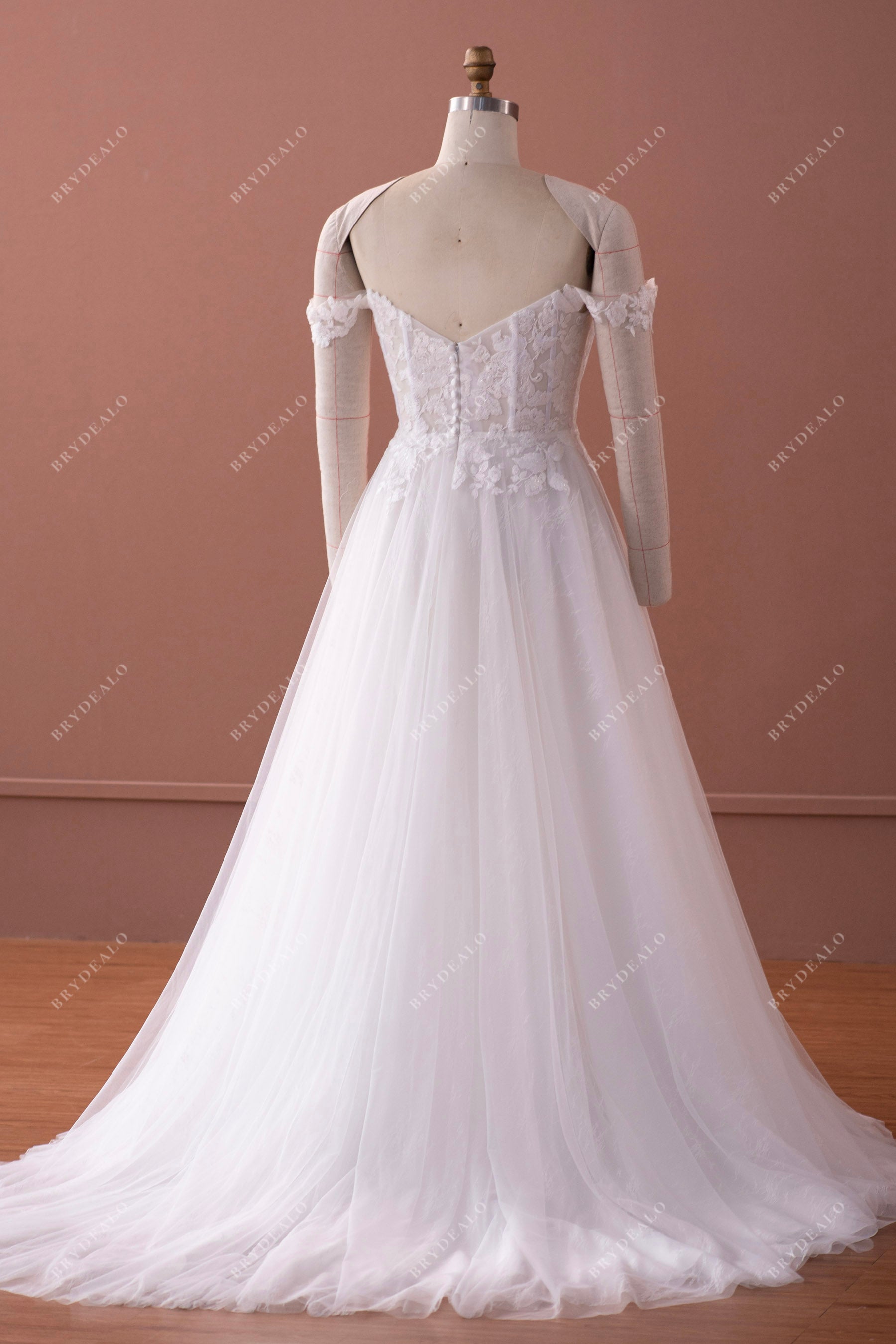 off shoulder lace tulle wedding gown