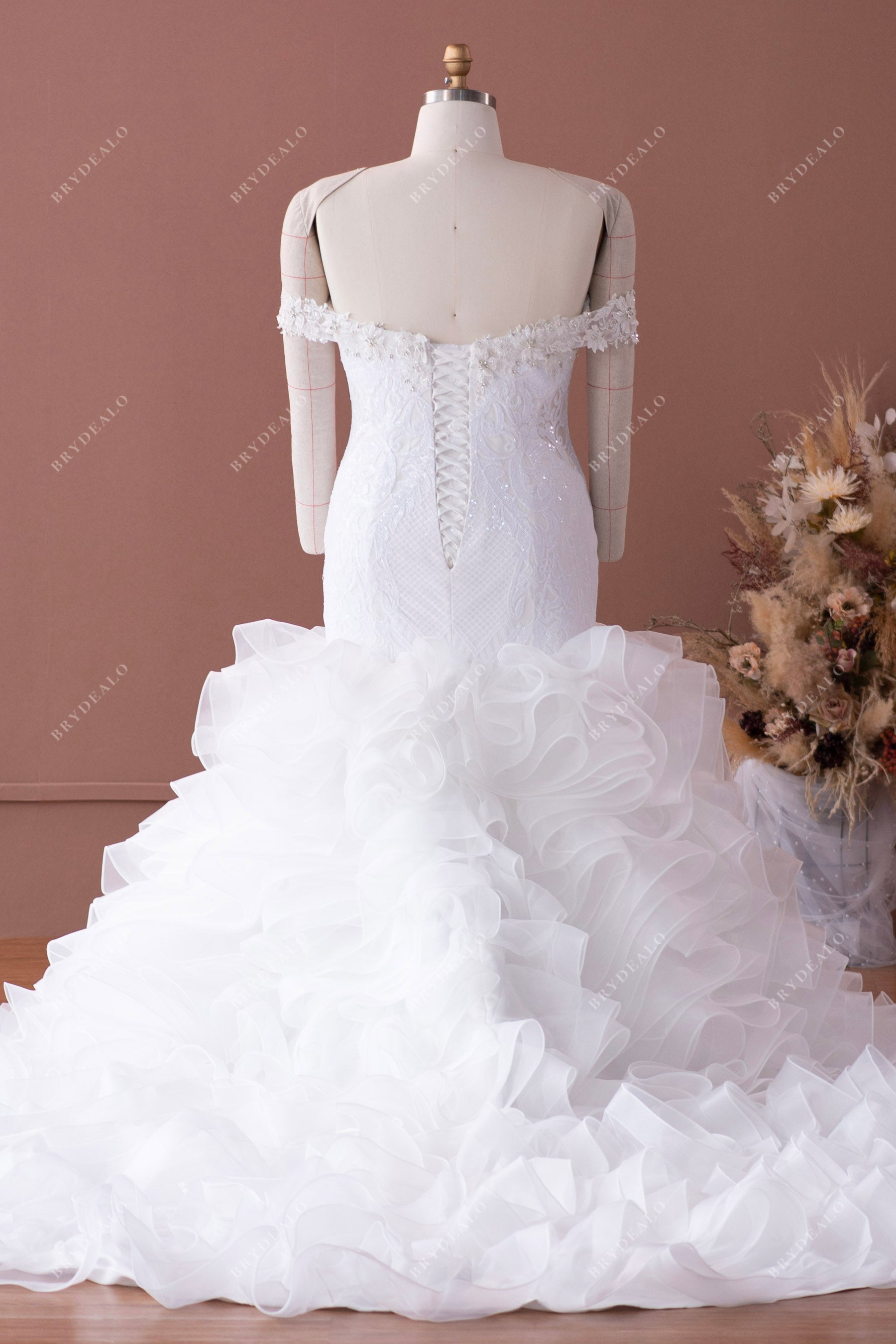 off shoulder lace up back long ruffled wedding gown