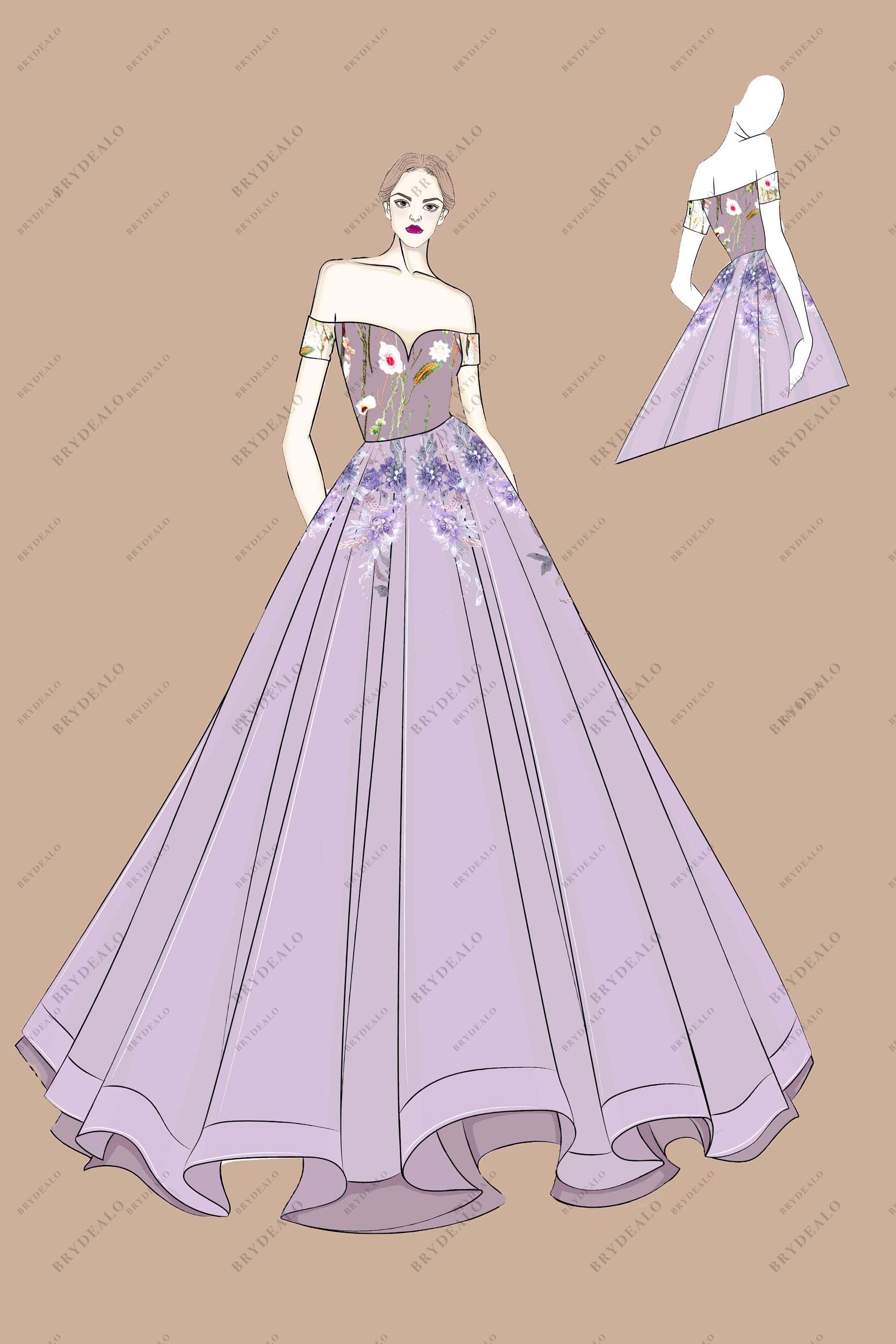 Floral Off-shoulder Lilac Bridal Dress Sketch