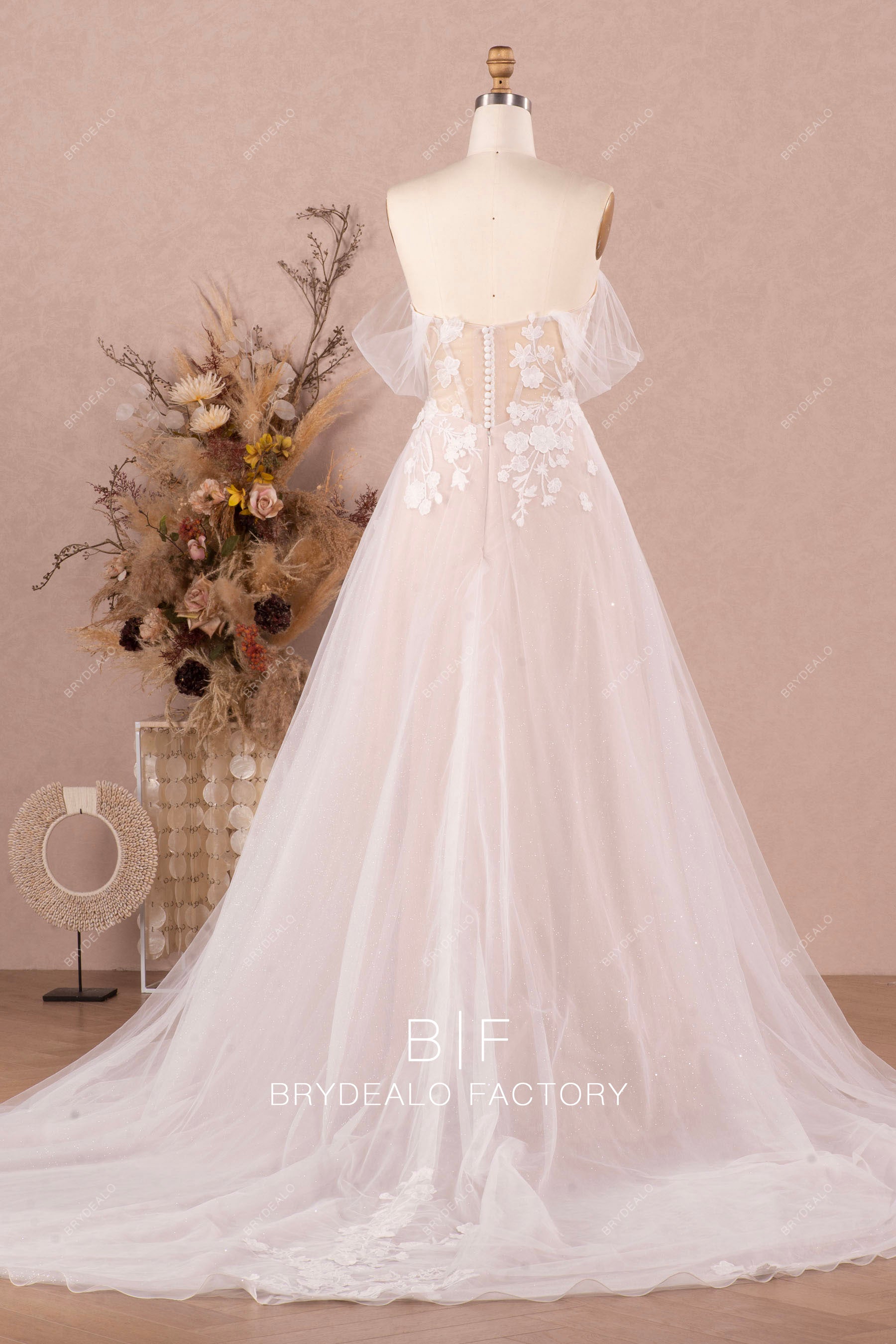 off shoulder long lace tulle wedding dress