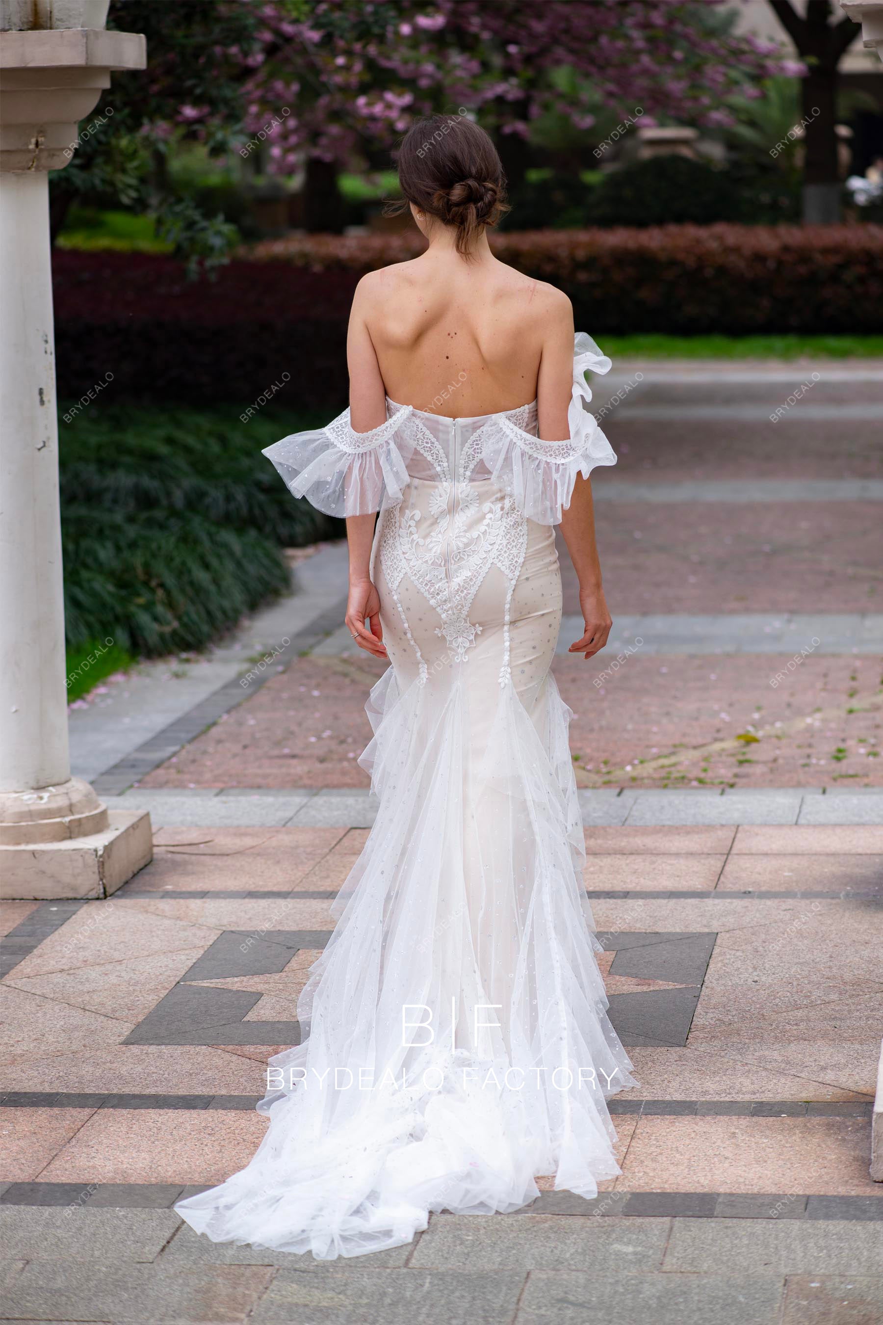 off shoulder mermaid lace ruffled wedding dress