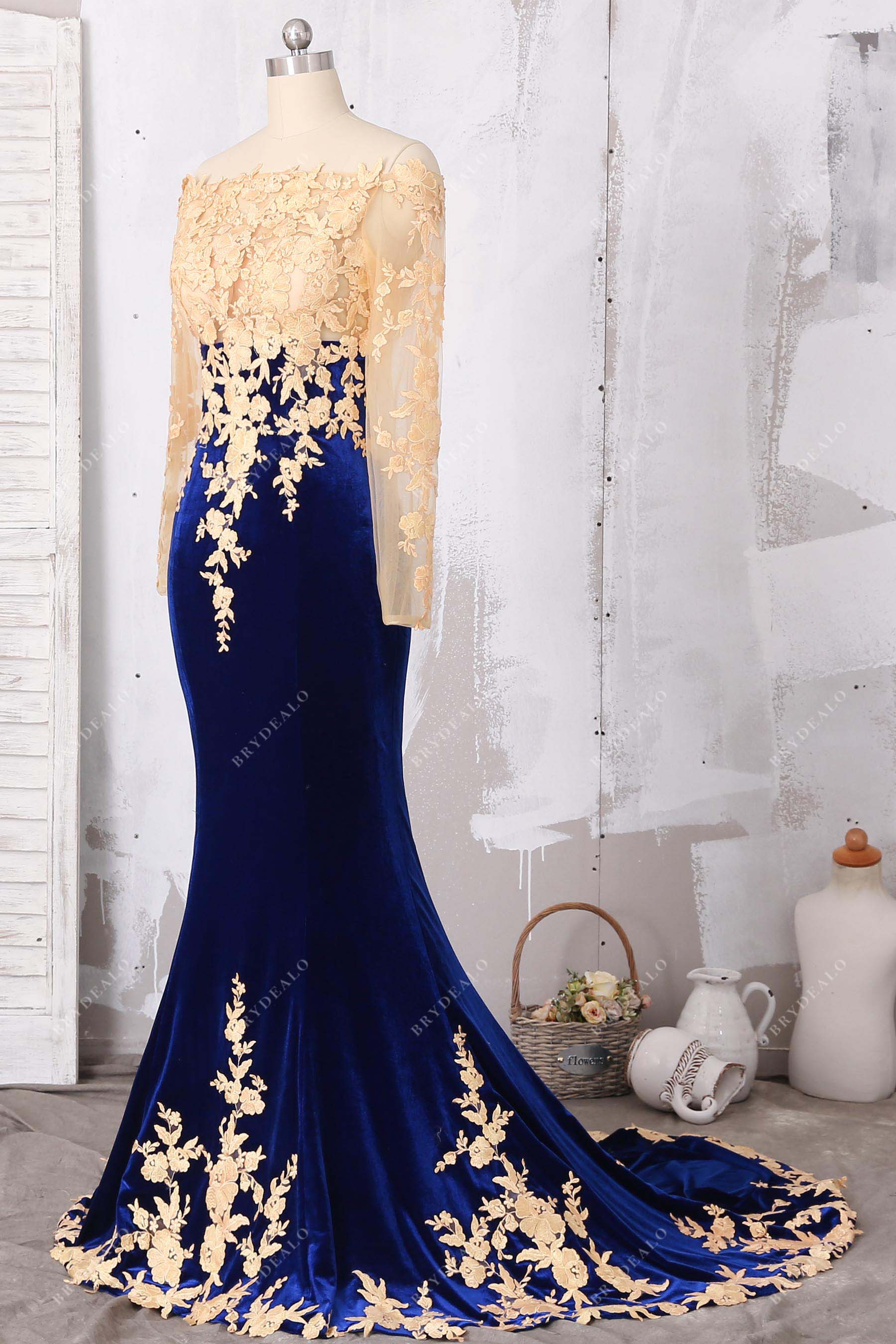 Brydealo Factory Gold Lace Velvet Long Sleeve Prom Gown