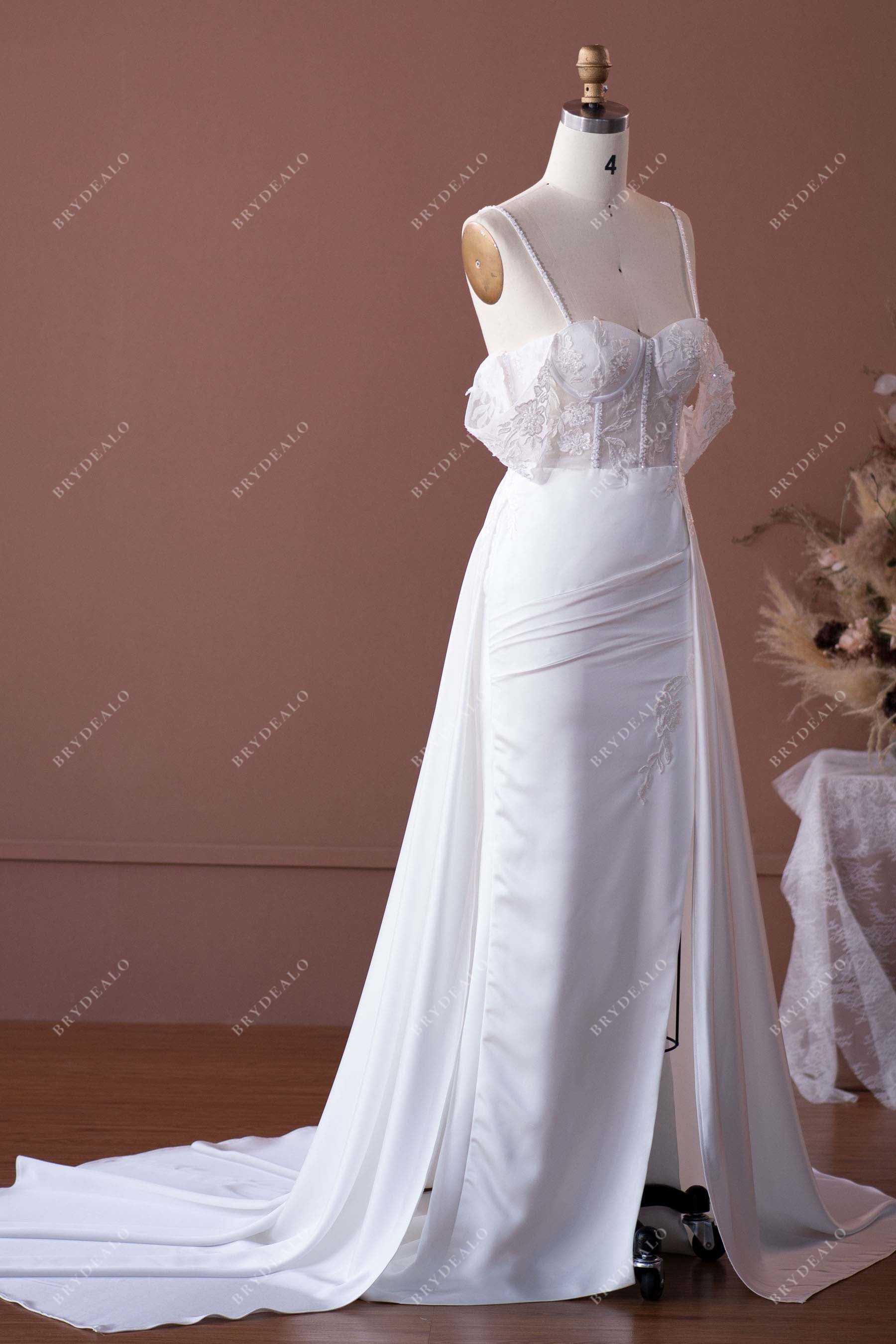 off shoulder overskirt designer bridal dress