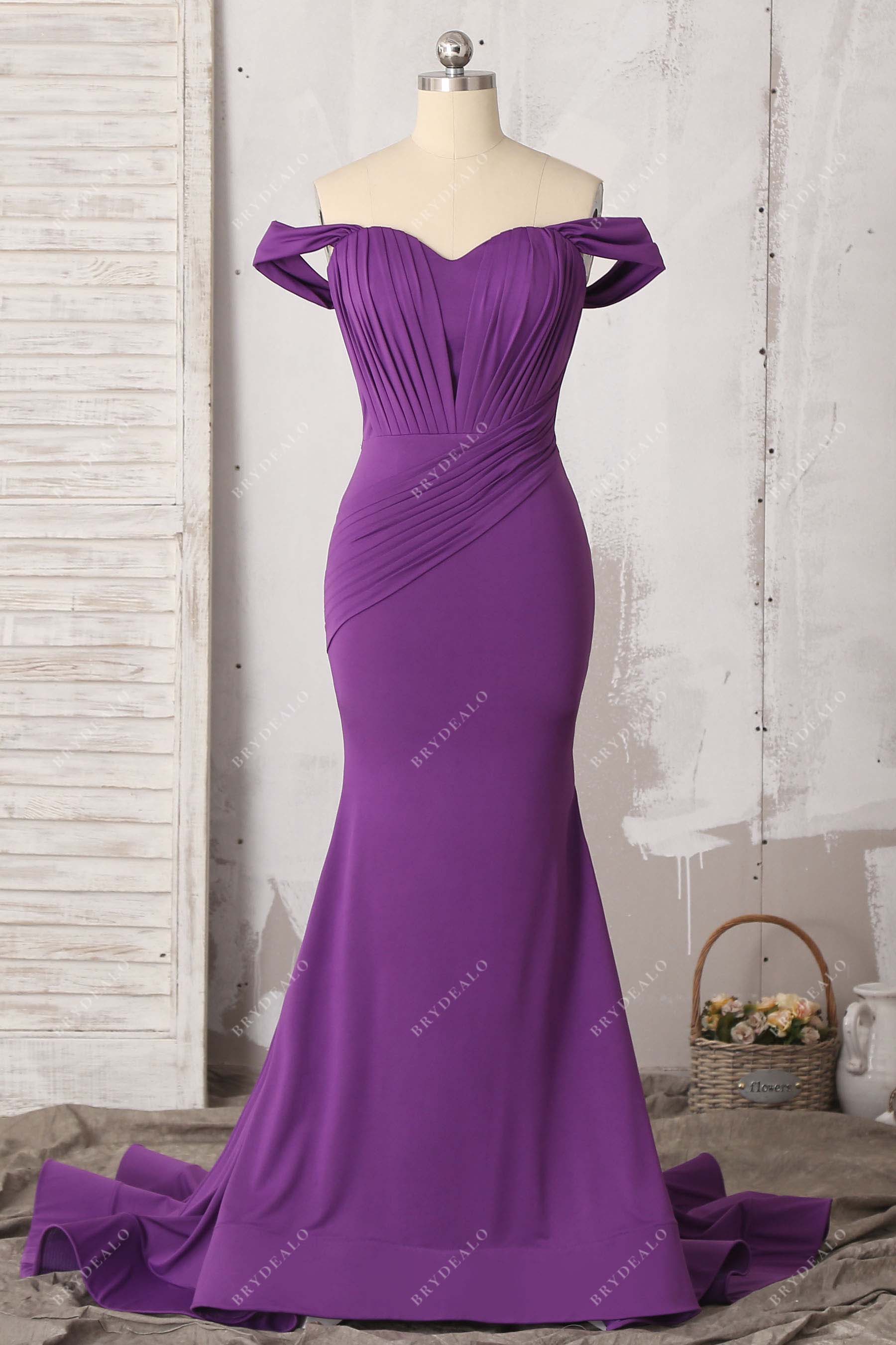 off-shoulder pleated jersey prom dress