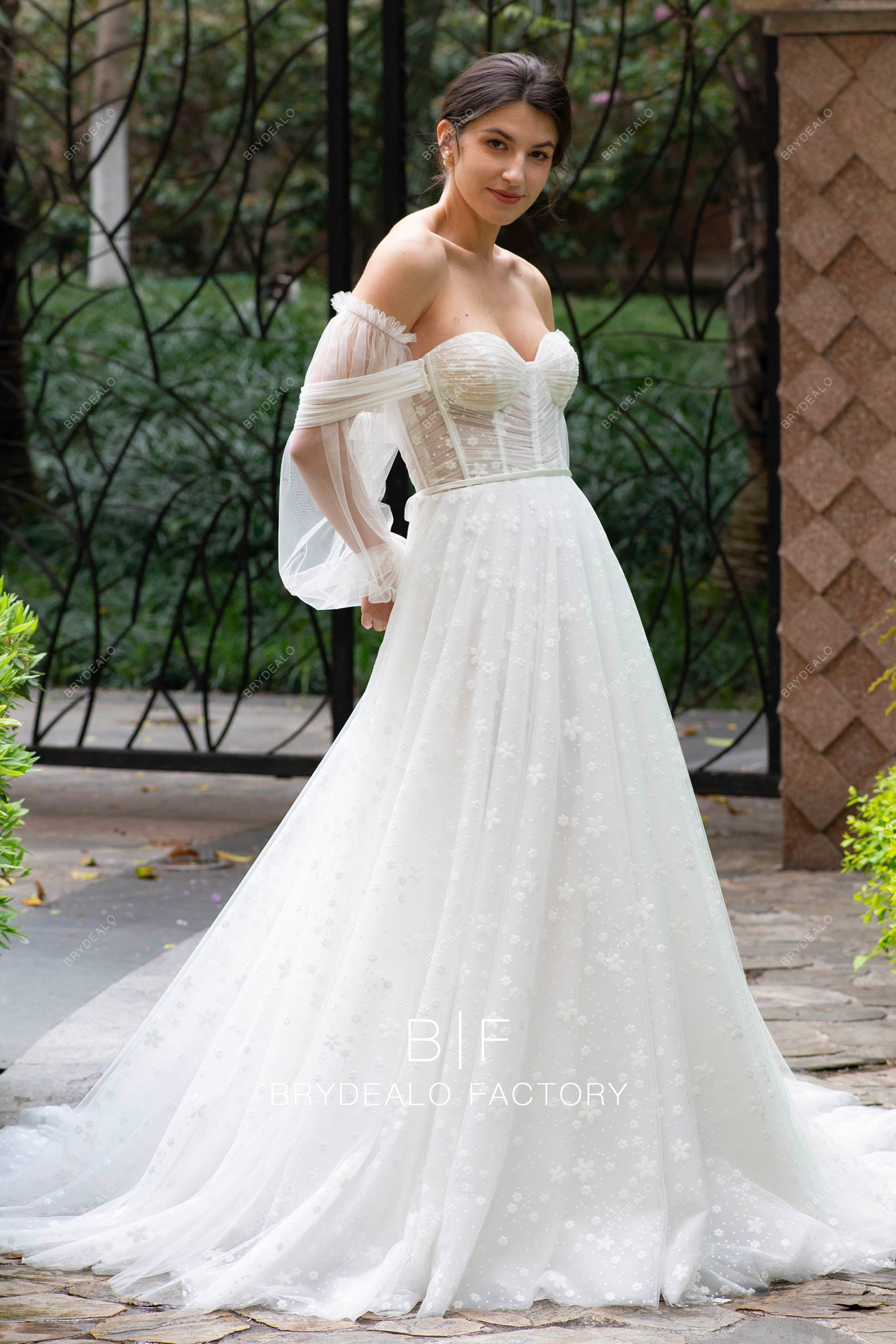 off shoulder pleated sweetheart wedding dress