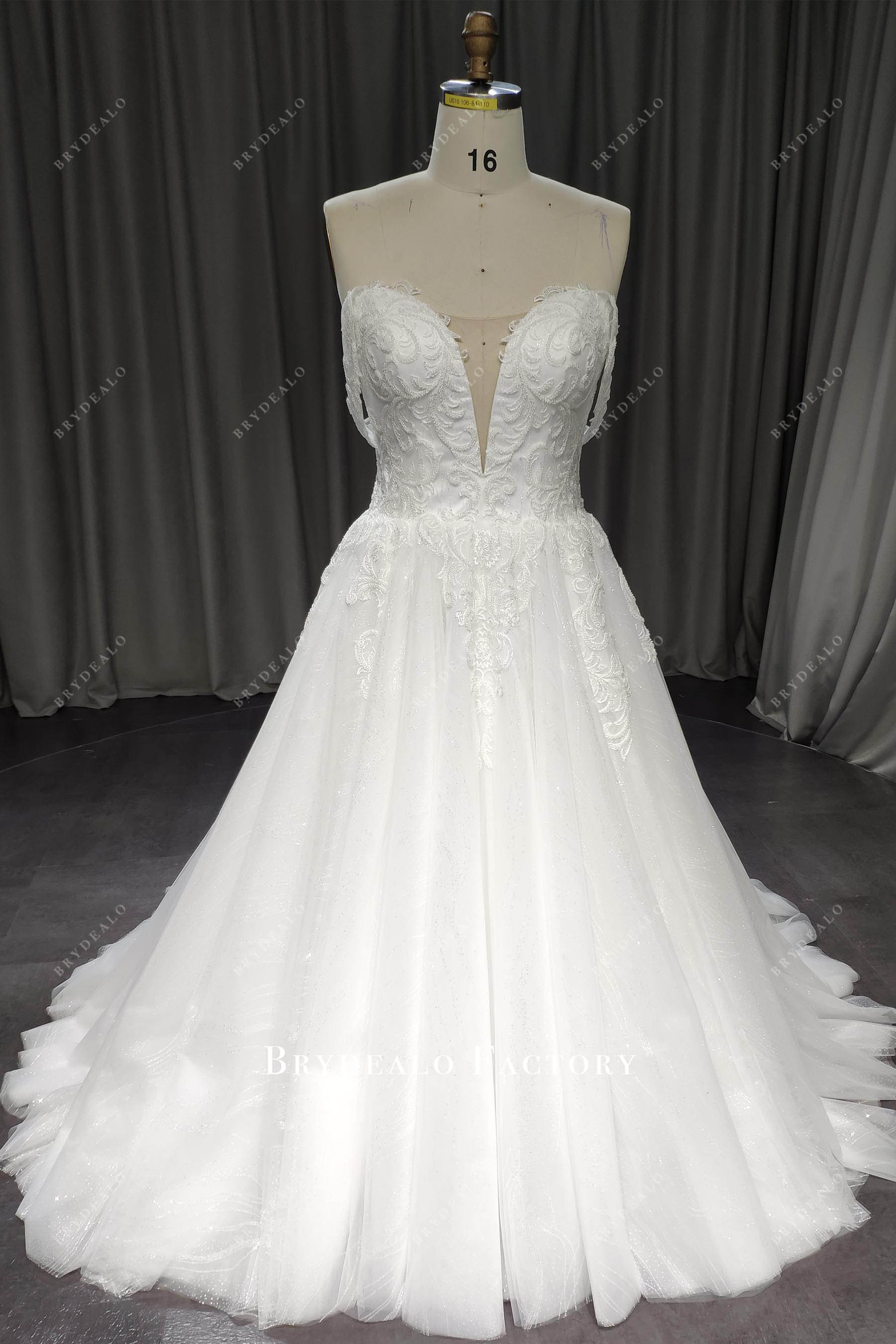 off shoulder plunging neck aline wedding gown