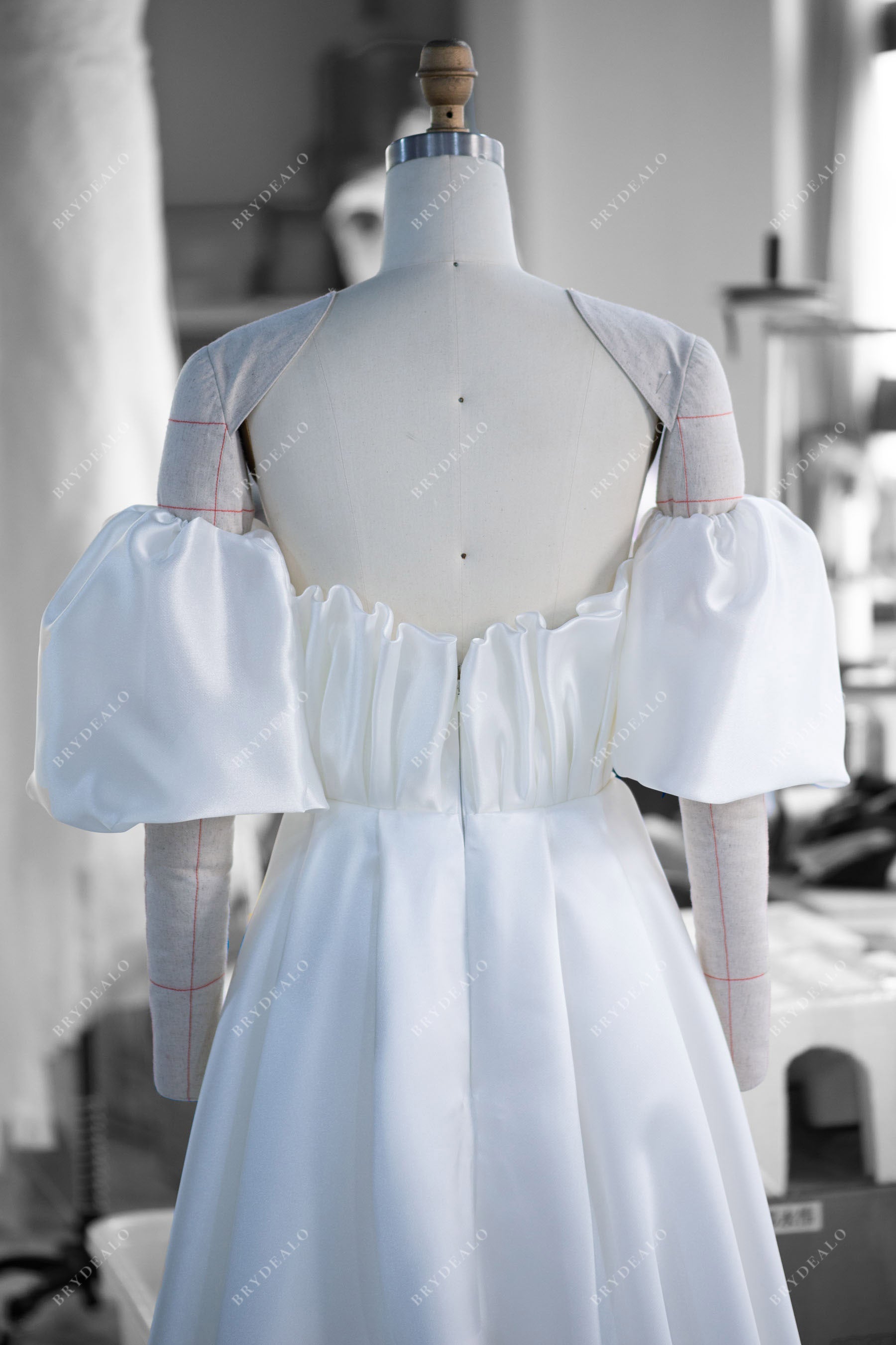 off-shoulder puffy sleeves ruffled organza wedding dress