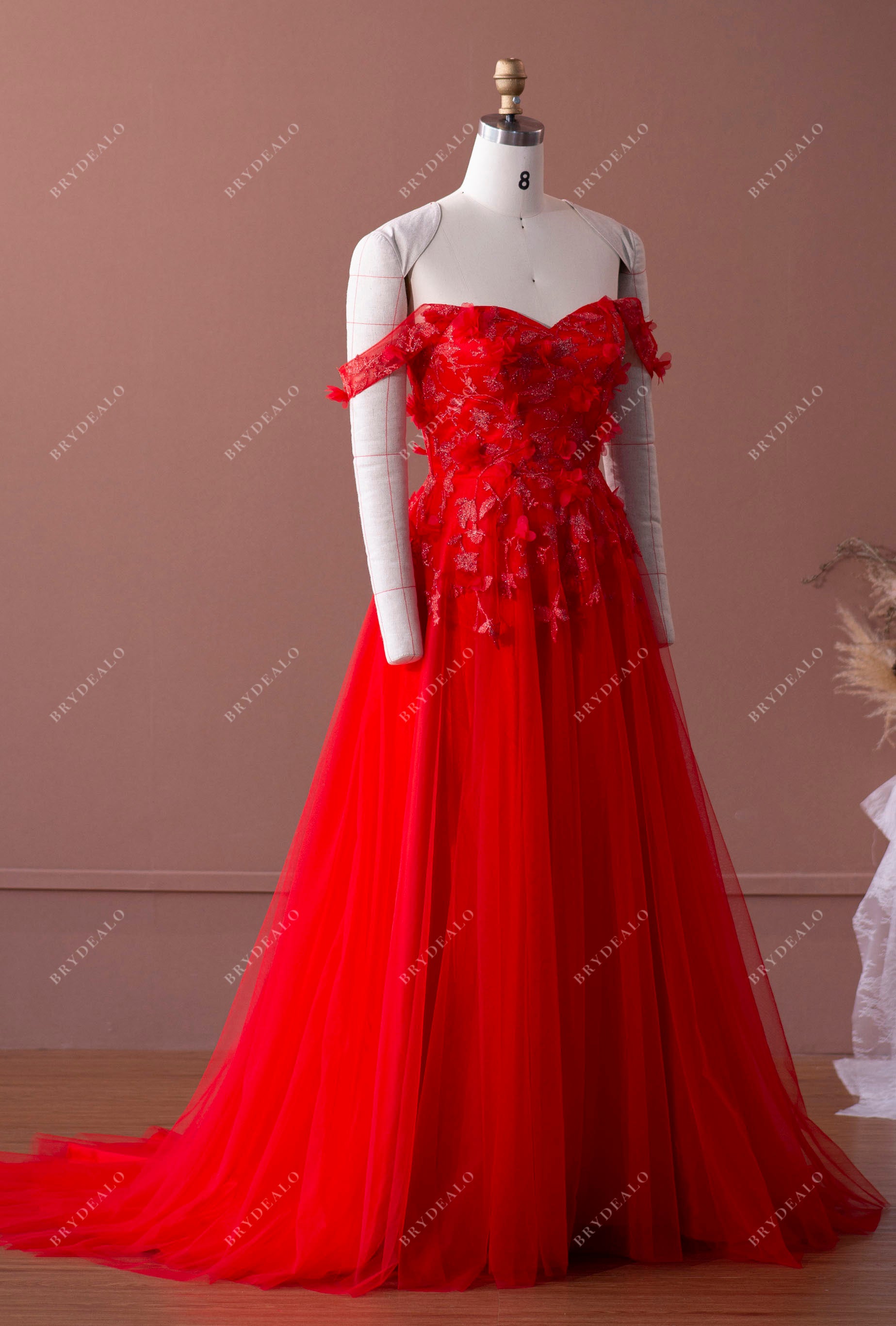 off-shoulder red lace tulle A-line formal prom dress