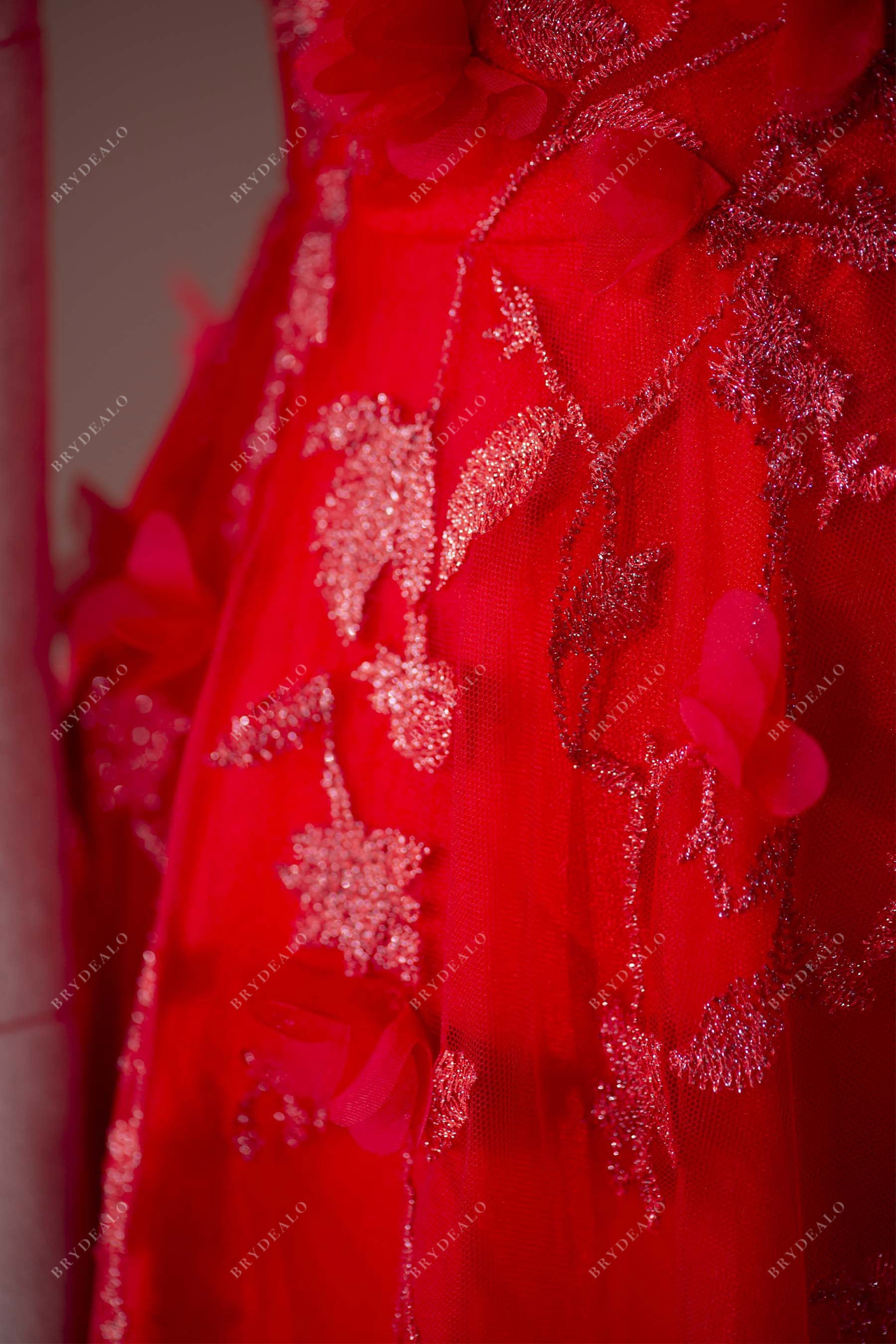 off-shoulder red lace tulle formal gown