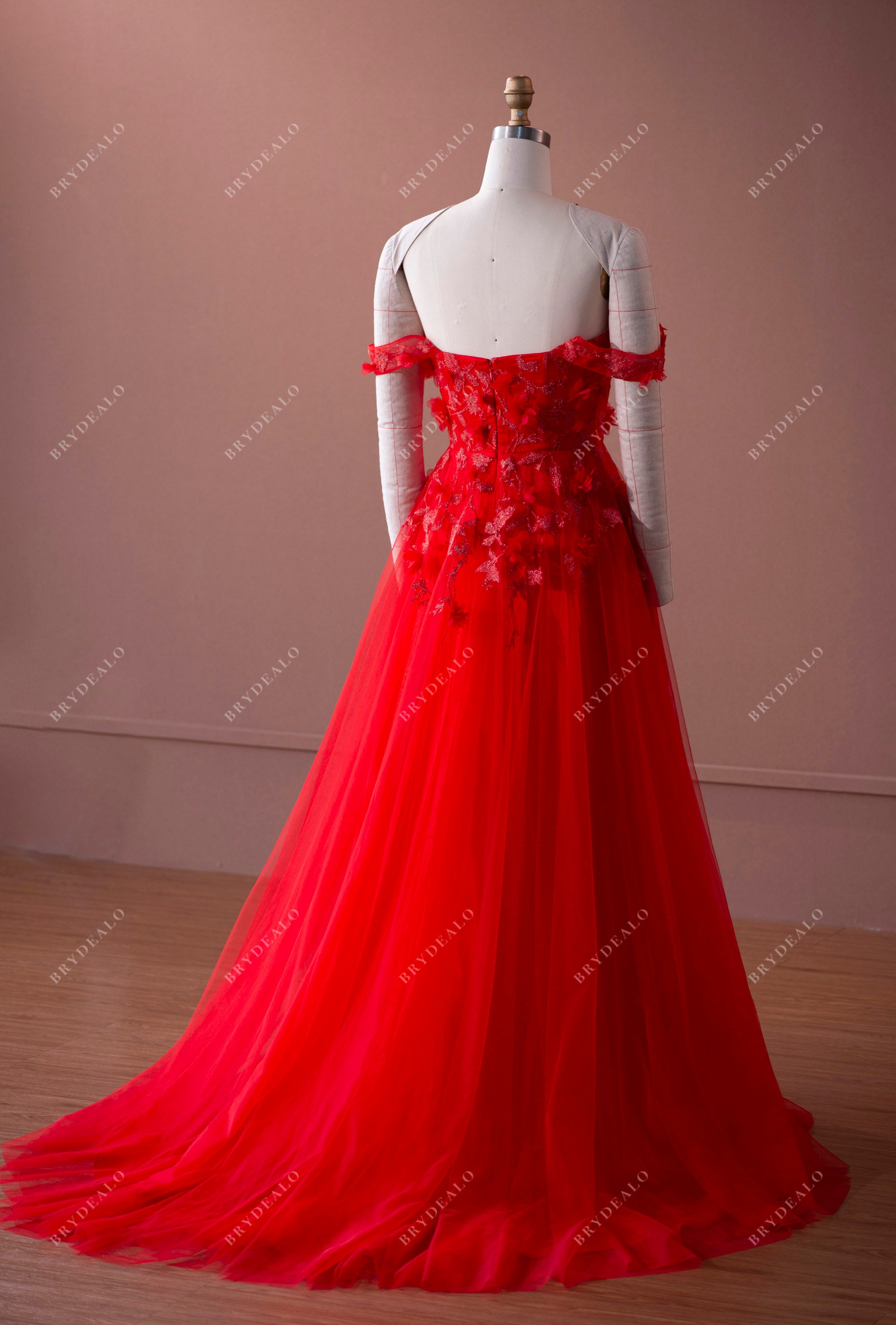 off-shoulder red lace tulle prom formal dress