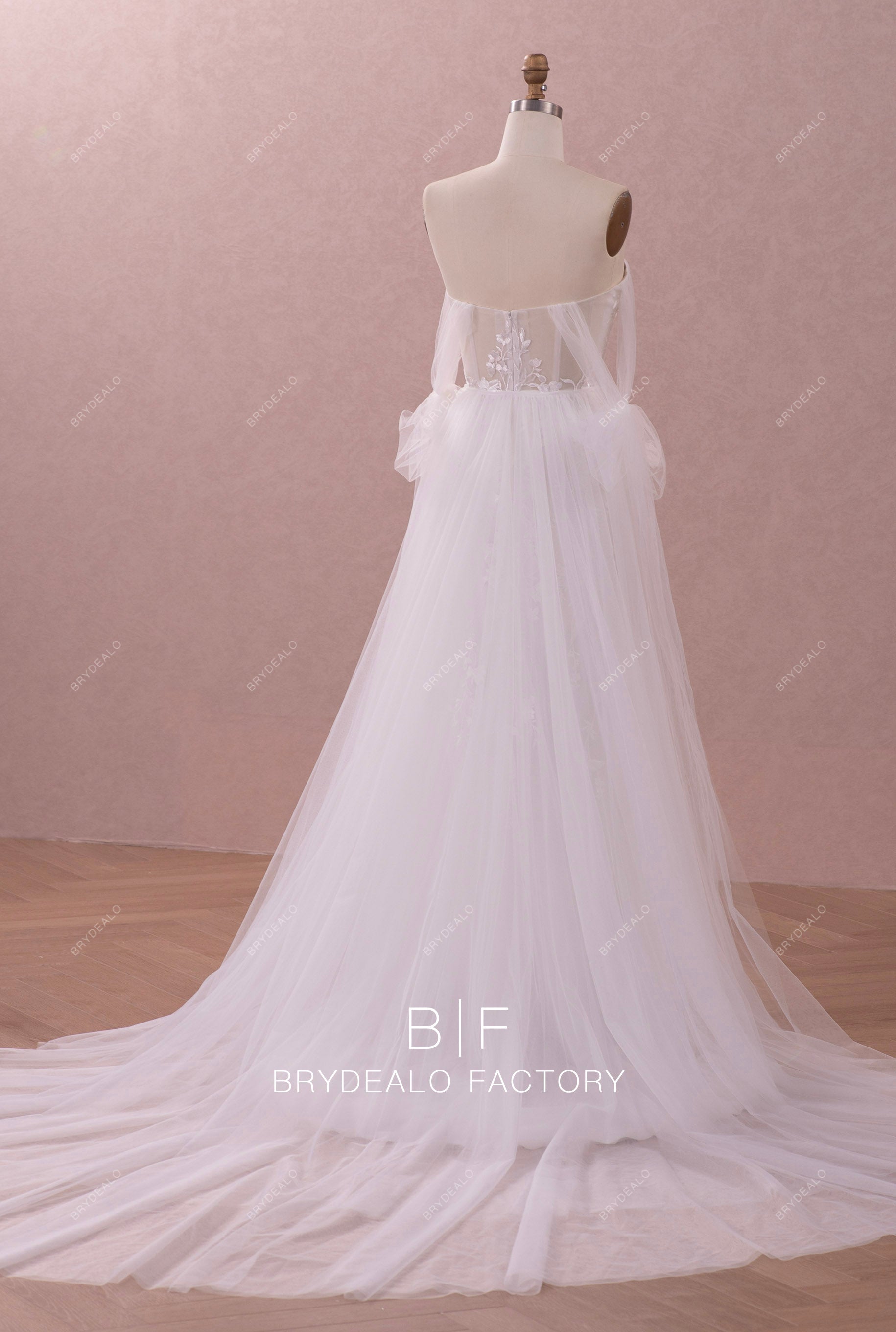 off shoulder removable overskirt lace bridal gown
