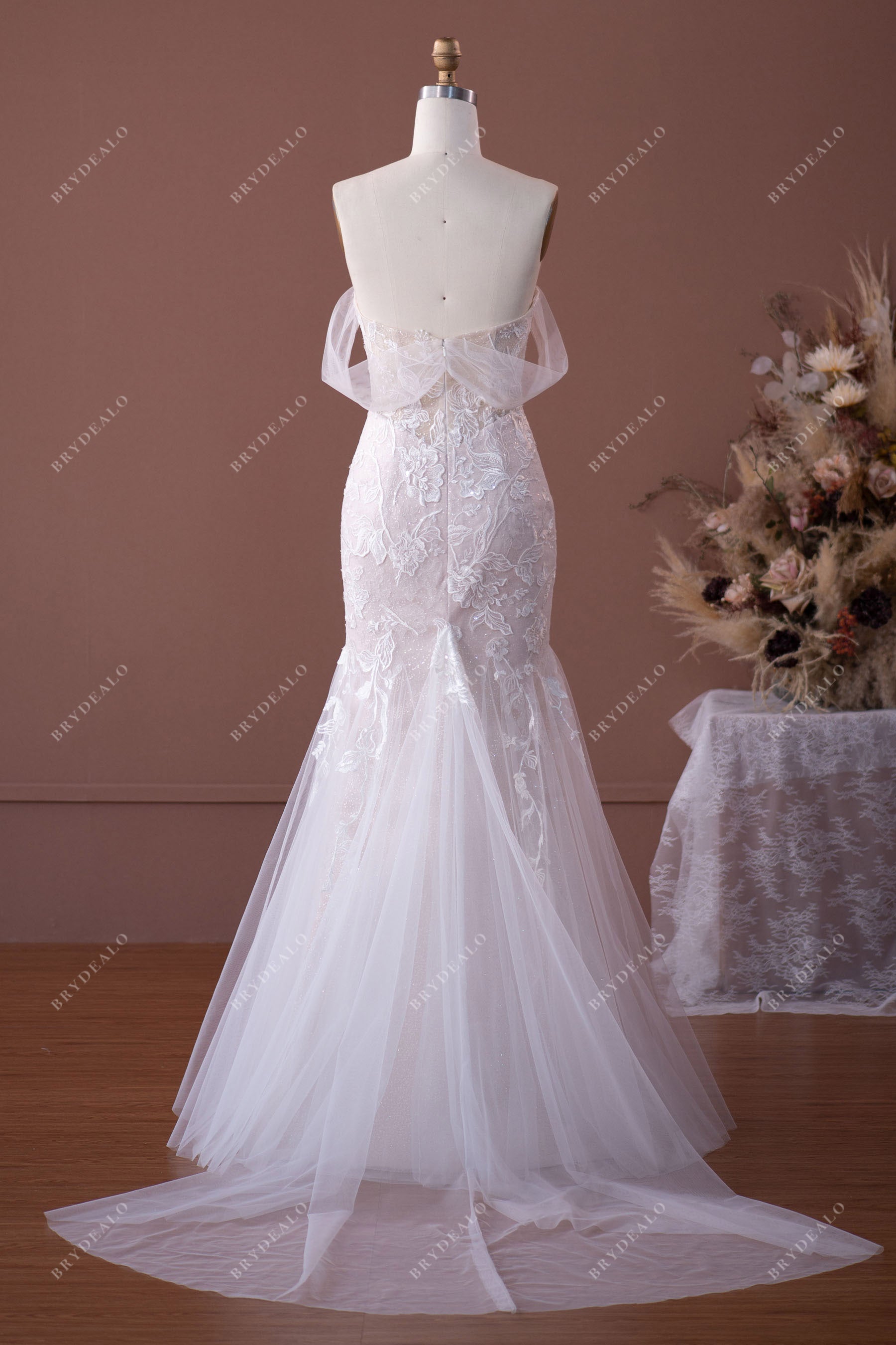 Shimmery Off Shoulder Lace Tulle Long Mermaid Wedding Gown