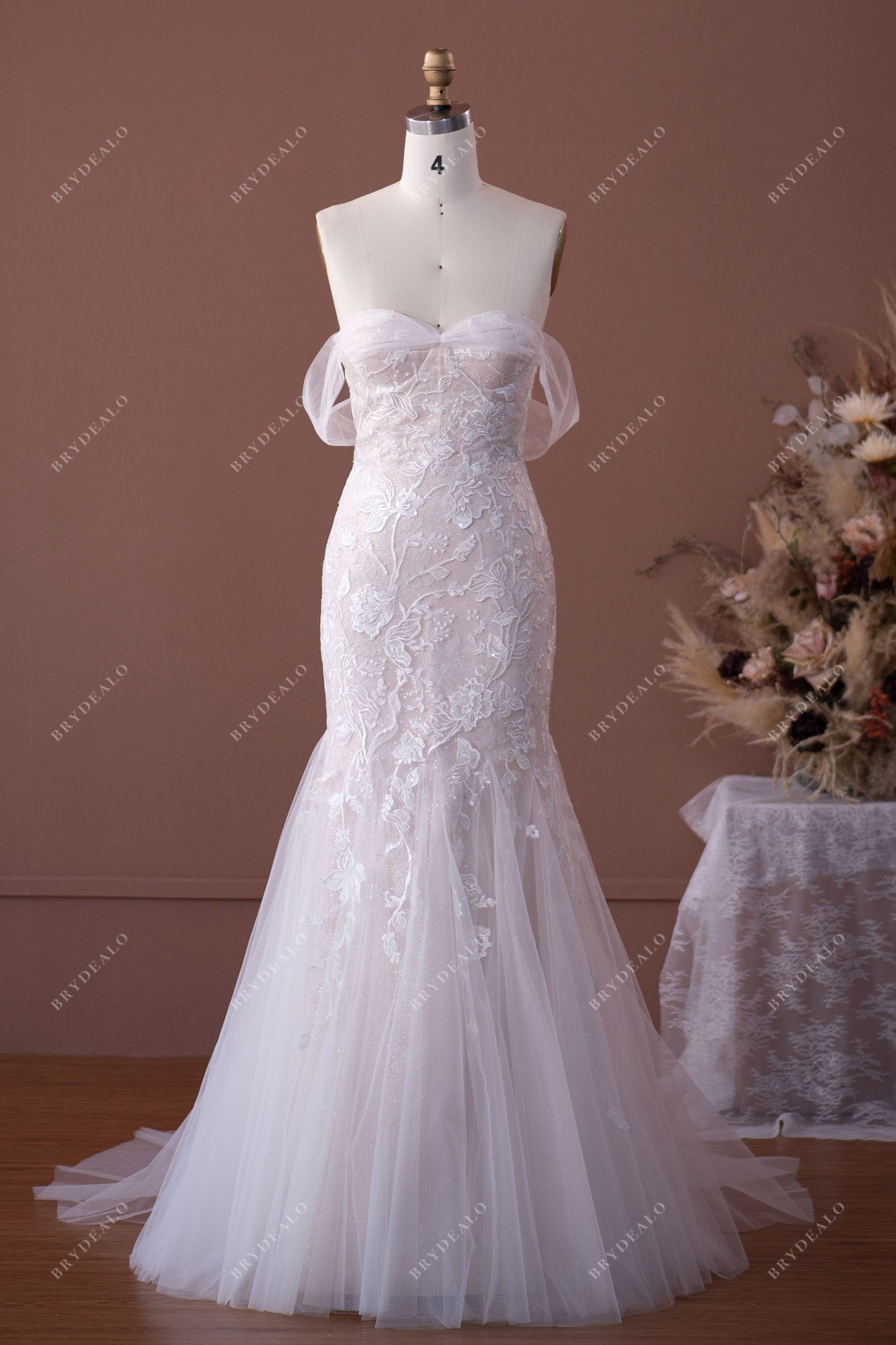 Shimmery Off Shoulder Lace Tulle Mermaid Wedding Gown