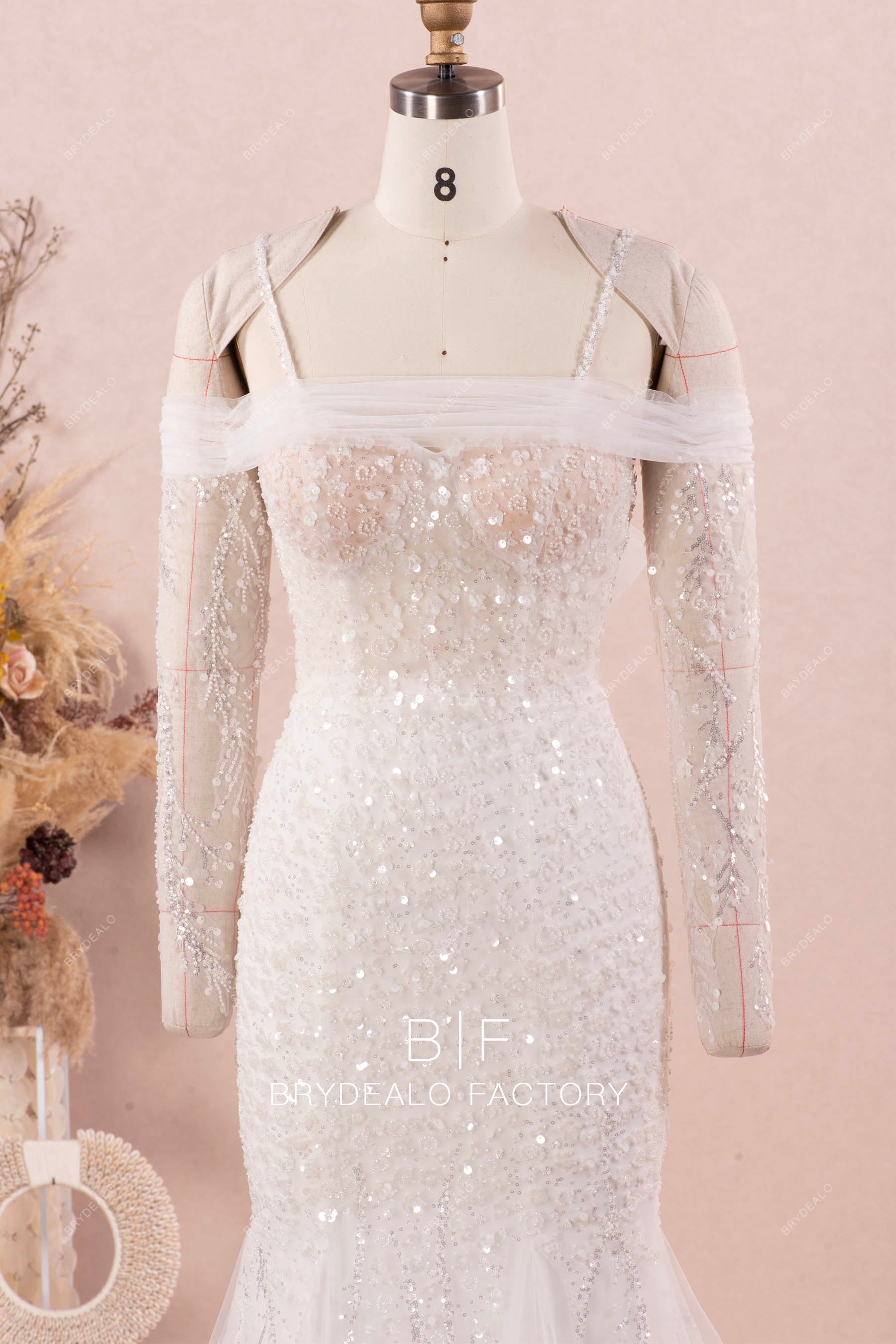 off shoulder sleeve sparkly lace wedding dress