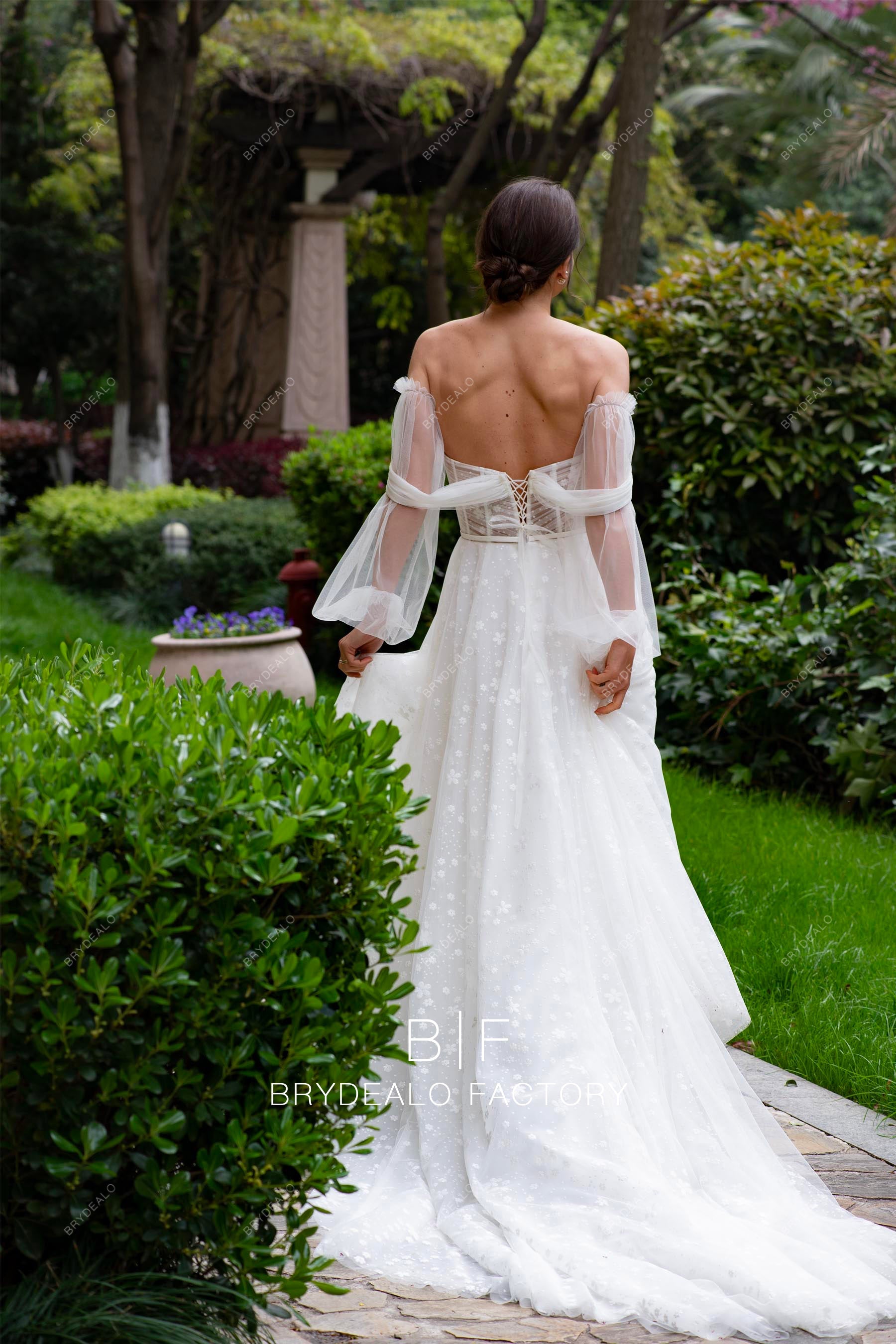 off shoulder sleeved long corset wedding dress