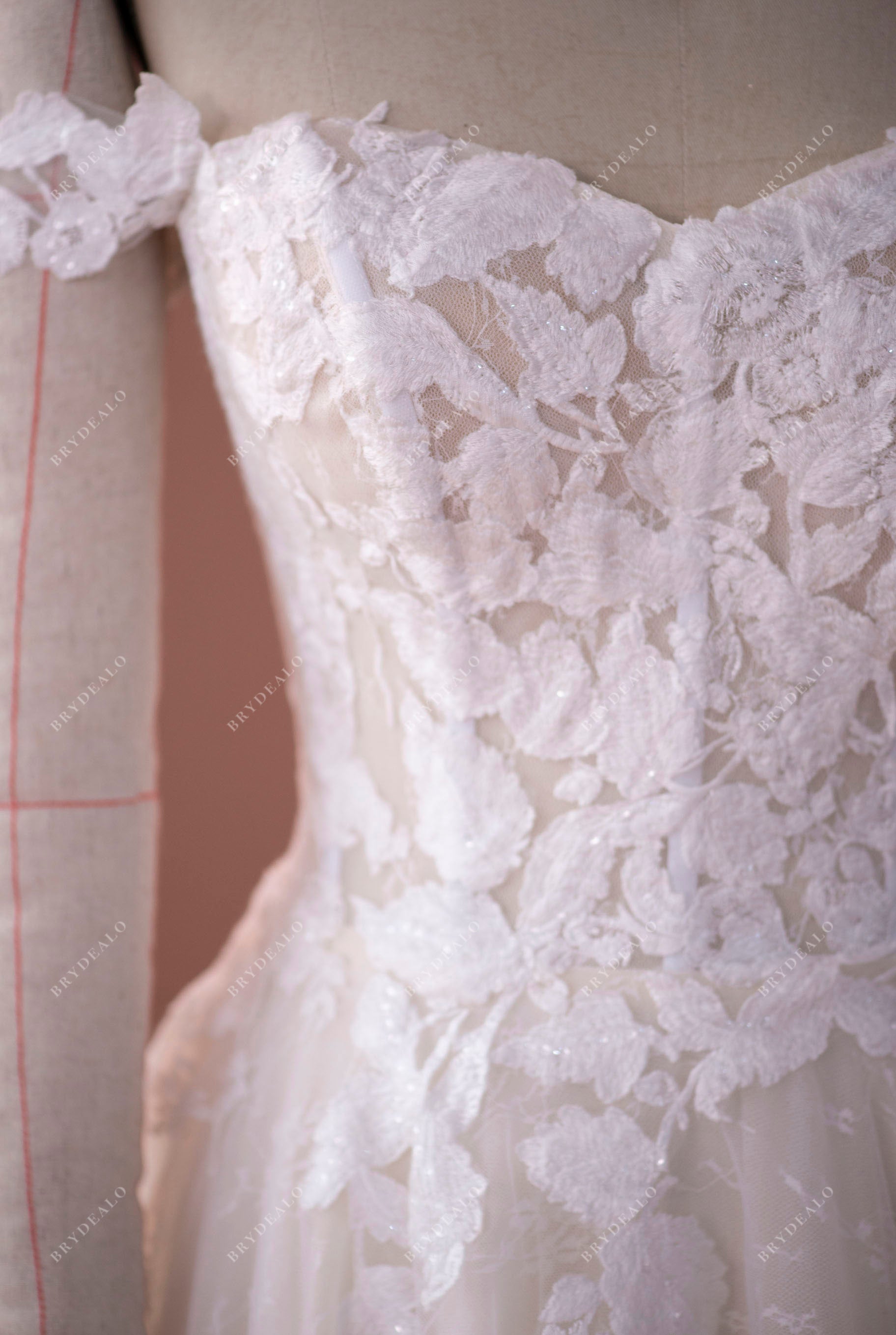 off shoulder sweetheart neck lace bodice A-line wedding dress
